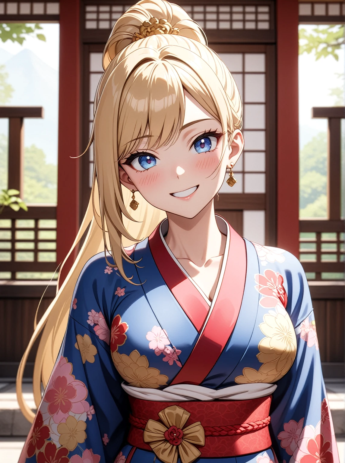 ((One personの女性)), Beautiful Face, ((Laughing embarrassedly)), (laugh),((Wink:2.0)),((waving at viewer:1.3)),  (head tilt:1.3), Laugh with your mouth wide open,((Bright red cheeks:1.4)),Shiny red lips,night,横浜みなとみらいのnight景, firework,Laughing with your mouth open,Glossy pink lips,Facial lighting,((Anime style background)),masterpiece, Highest quality, so beautiful,up to date, Complex details, (4fingers and 1thumbs), (Pink long nails),(ring),(Colorful Bracelets),(choker),AI-generated, Complex,High resolution, Highest quality, super high quality,3D Images、3D Images,One person,Long blonde hair,High Ponytail,(turquoise blue eyes),Anime woman posing for a photo, ((Fine grain、Colorful eyes、Shining Eyes:1.3)),(Squint your eyes:1.1),a hyperRealistic , hyperRealistic , Realistic,Anime woman with long white hair, Smooth anime CG art, A woman in a colorful kimono with gold embroidery, (Pink long sleeve kimono),Red floral pattern,Long flower hair ornament,Earrings,Mature Body,(Big Breasts:1.1),Tall,Abdominal muscles,Tight waist,(Zoom up to face:1.5,(front view),