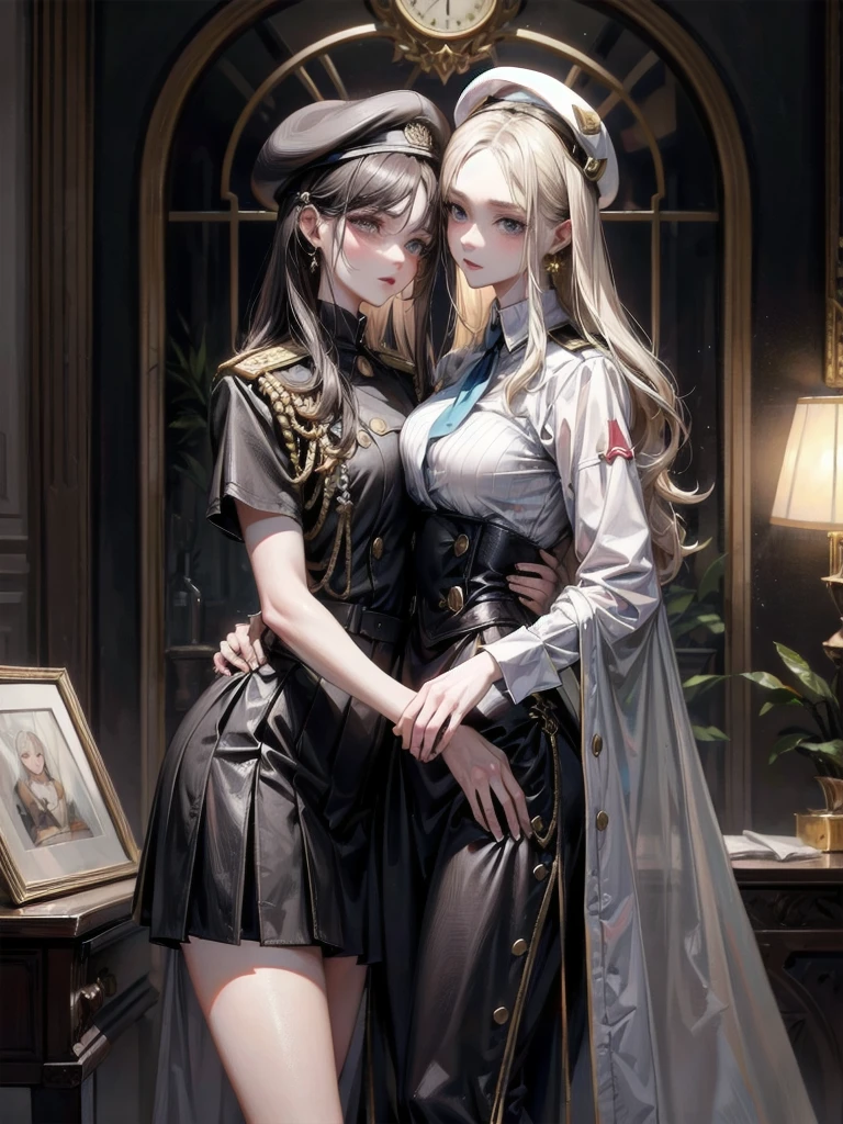 whole body, yuri, beret, skirt, military uniform, absurdres, RAW photo, extremely delicate and beautiful, masterpiece, Best Quality, ultra high resolution, 32k, hyperrealistic, ultra-detailed, perfect figure, perfect shape, detailed description, pale skin, 20 years old, detailed beautiful face and eyes, tearful mole, earring, short medium hair, wavy hair,