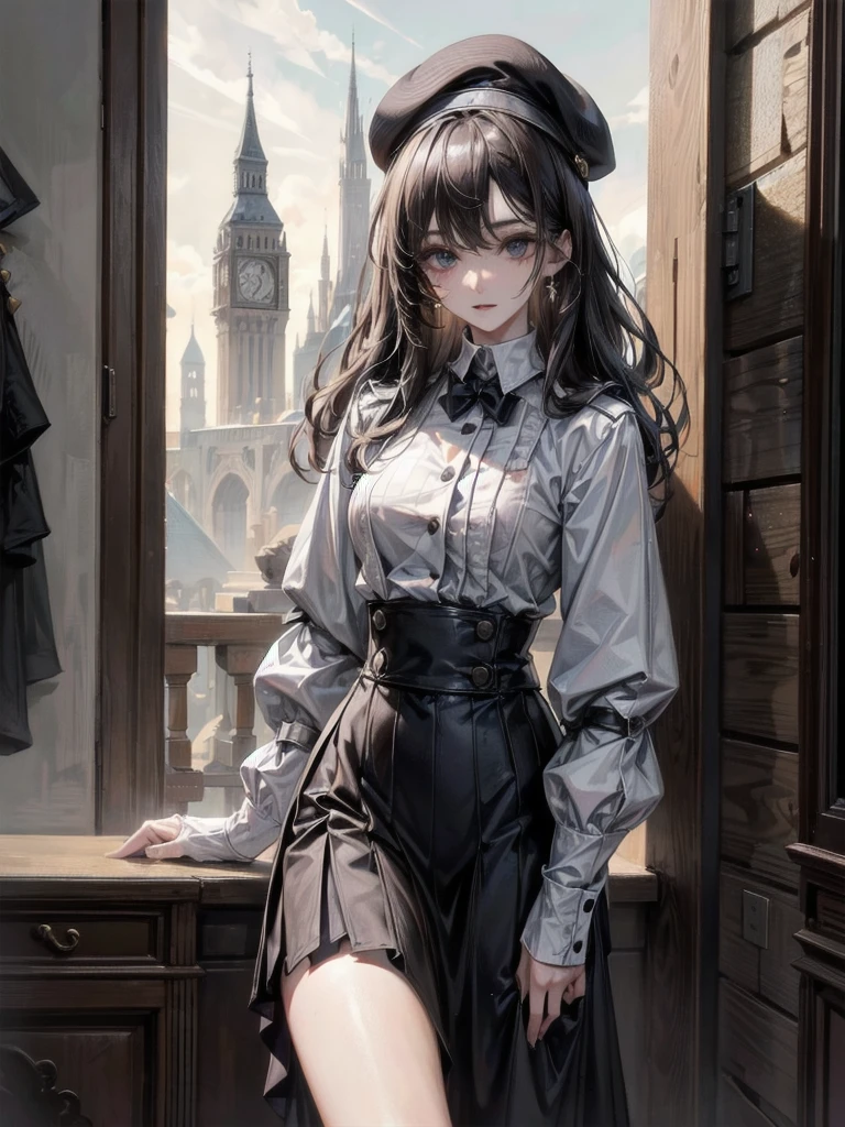 whole body, yuri, beret, skirt, military uniform, absurdres, RAW photo, extremely delicate and beautiful, masterpiece, Best Quality, ultra high resolution, 32k, hyperrealistic, ultra-detailed, perfect figure, perfect shape, detailed description, pale skin, 20 years old, detailed beautiful face and eyes, tearful mole, earring, short medium hair, wavy hair,