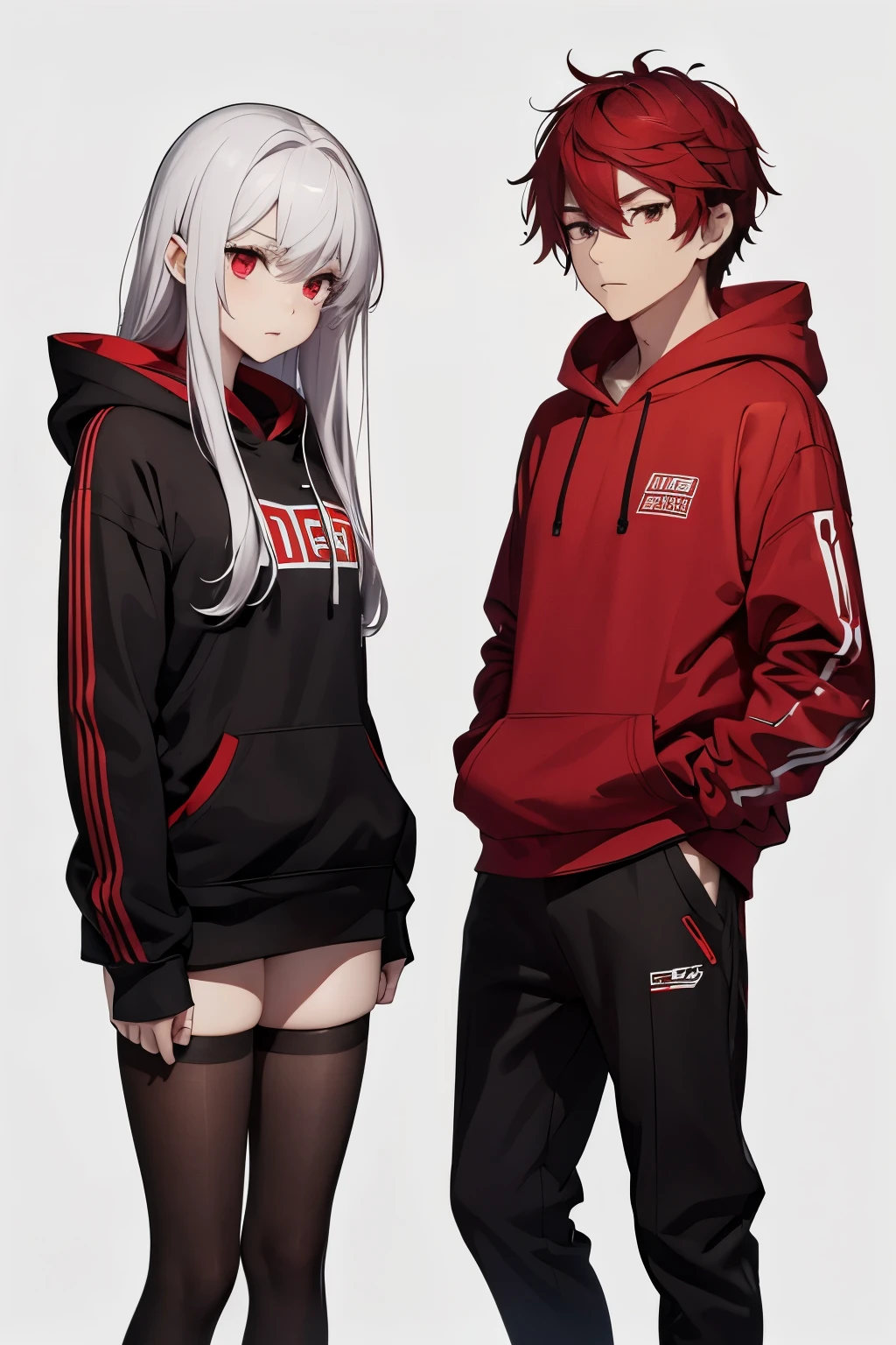 male and female, red hairs, black hoodies, red eyes, expressionless faces, male gray pants, female stockings, solid white background