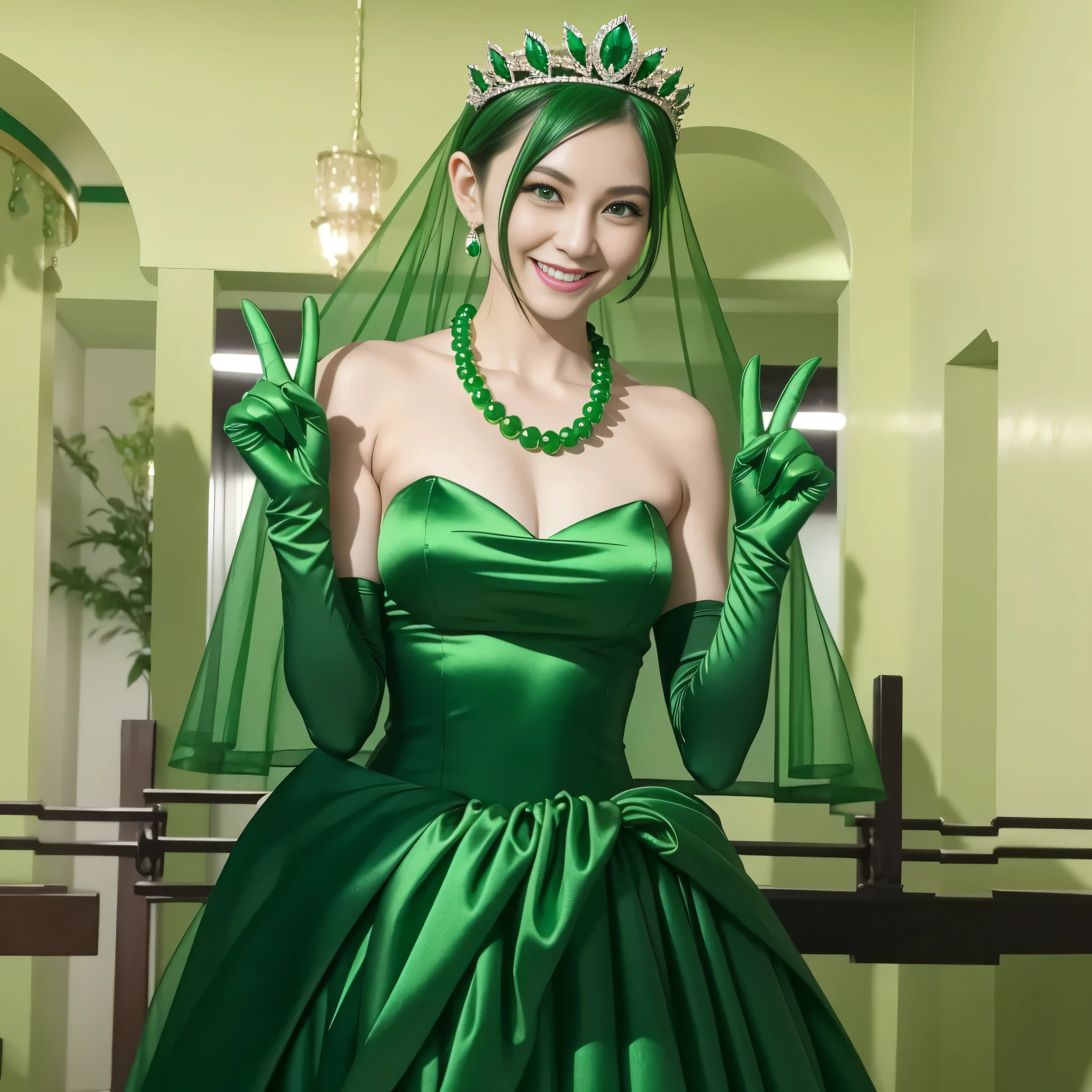 Emerald tiara, Green Pearl Necklace, Boyish very short green hair, lipstick, Smiling Japanese woman, Very short hair, Big and beautiful, Green Eyes, Long green satin gloves, Green Eyes, V sign, Emerald Earrings, Green veil