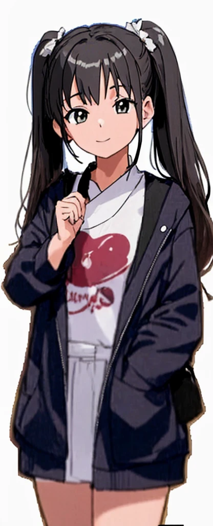 A young girl with brown hair in twin tails is standing in casual clothes with a slight smile on her face.。