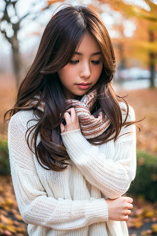(masterpiece), highest quality, Super detailed, figure, Warm lighting, Soft lighting, Bright colors, 1 girl, alone,( beautiful girl, Long Hair, blue eyes, ribbon, Brown Hair, Hair between the eyes, hair ribbon, Side Lock, very Long Hair, Messy Hair,) , autumn, Lots of maple trees, maple leaf, Golden Leaf, autumn leaves, Dry leaves, river, Fresh air, peace, Cool breeze , Sweater Weather,( Wear a white or brown sweater, Red scarf, melancholyなautumn, Lost in Thought, melancholy, sad ,Worried, longing,)
