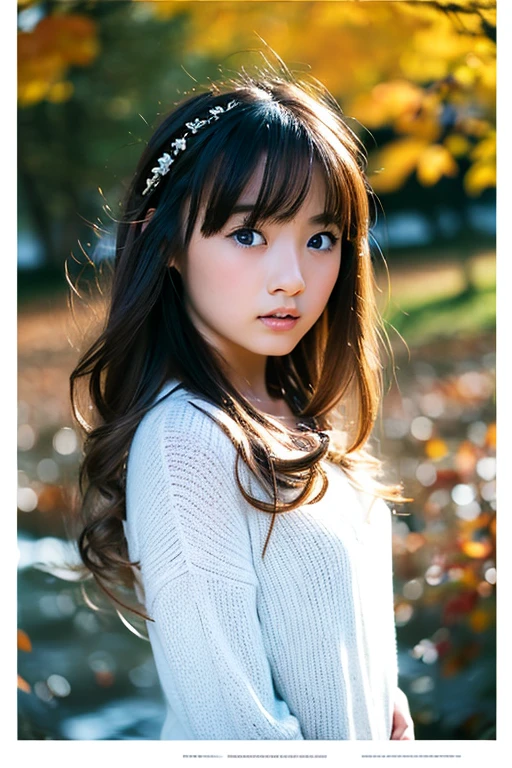 (masterpiece), highest quality, Super detailed, figure, Warm lighting, Soft lighting, Bright colors, 1 girl, alone,( beautiful girl, Long Hair, blue eyes, ribbon, Brown Hair, Hair between the eyes, hair ribbon, Side Lock, very Long Hair, Messy Hair,) , autumn, Lots of maple trees, maple leaf, Golden Leaf, autumn leaves, Dry leaves, river, Fresh air, peace, Cool breeze , Sweater Weather,( Wear a white or brown sweater, Red scarf, melancholyなautumn, Lost in Thought, melancholy, sad ,Worried, longing,)