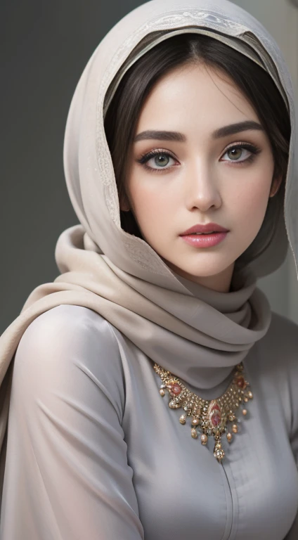 (Best quality, high resolution, masterpiece: 1.3), a {36yo girl, solo, alluring neighbour's wife, beautiful [Persian:Arabian:0.5] beauty}  in hijab, big breasts, intricate details, ((almost)), sharp focus, professional, realistic, real life, hyperreal, photorealistic, fine details, 8K Ultra HD, a young beautiful lady with a long islamic dress, pale skin , warm smile, beautiful face ,wearing hijab , sunset coast should serve as the underlying backdrop, with its details incorporated into the goddess , crisp lines, The background is warm, sharp focus, 800mm lens, realistic , hyperrealistic, photography, professional photography, deep photography, ultra HD, very high quality, best quality, mid quality, HDR photo, focus photo, deep focus, very detailed, original photo, original photo, ultra sharp, nature photo, masterpiece, award winning, shot with hasselblad ,full body portrait , perfect artwork, Full body, shining eyes, realistic, perfect female hourglass figure, thin waist, wide buttocks, looking at the viewer, very delicate and beautiful, top quality, beautiful detailed girl, beautiful eye details, Henna-inspired eye makeup with intricate swirls and geometric shapes, showcasing thick super long lashes extending well beyond the natural lash line, complemented by brown matte lipstick defined by a thick lipliner, ultra fine digital painting, golden ratio, dramatic lighting, lighting, film lighting, perspective, realistic facial expressions, (beautiful and shapely face, delicate and beautiful eyes, perfectly proportional face, very detailed skin,((tight-fitting Grey  satin gamis with pastel red floral motifs with a black  hijab), diamond necklace, luxury hotel