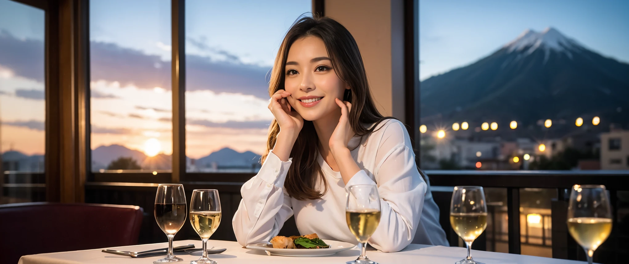 (including k, nffsw, highest quality, table top: 1.2), (realistic, photorealistic: 1.37), Spectacular view of the sunset sky and clouds、Amazing mountain views、long sleeve shirt、winter fashion、Japanese、Dutch、Italian、French,Champagne、sparkling wine、 (Slim Face), (slim body), (brown hair), (shortcut), neat beauty、cheeks turn a little red, (36years old), 40 years old, alone, Outside the window, a beautiful and detailed night view unfolds.., restaurant, Wine glass sitting, At night, in a prominent place (from the Upper body) nova frog style, actress, model, Upper body, White wine, slim, wine glass, Super Clean night View, wine glass Put in the Middle, Happy smile, (smile: 1.15), beautiful and detailed eyes, Upper body, bust japan up, night, short, short, actress, model, Upper body, White wine, slim, wine glass, Super Clean night View, wine glass Put in the Middle, Happy smile,
