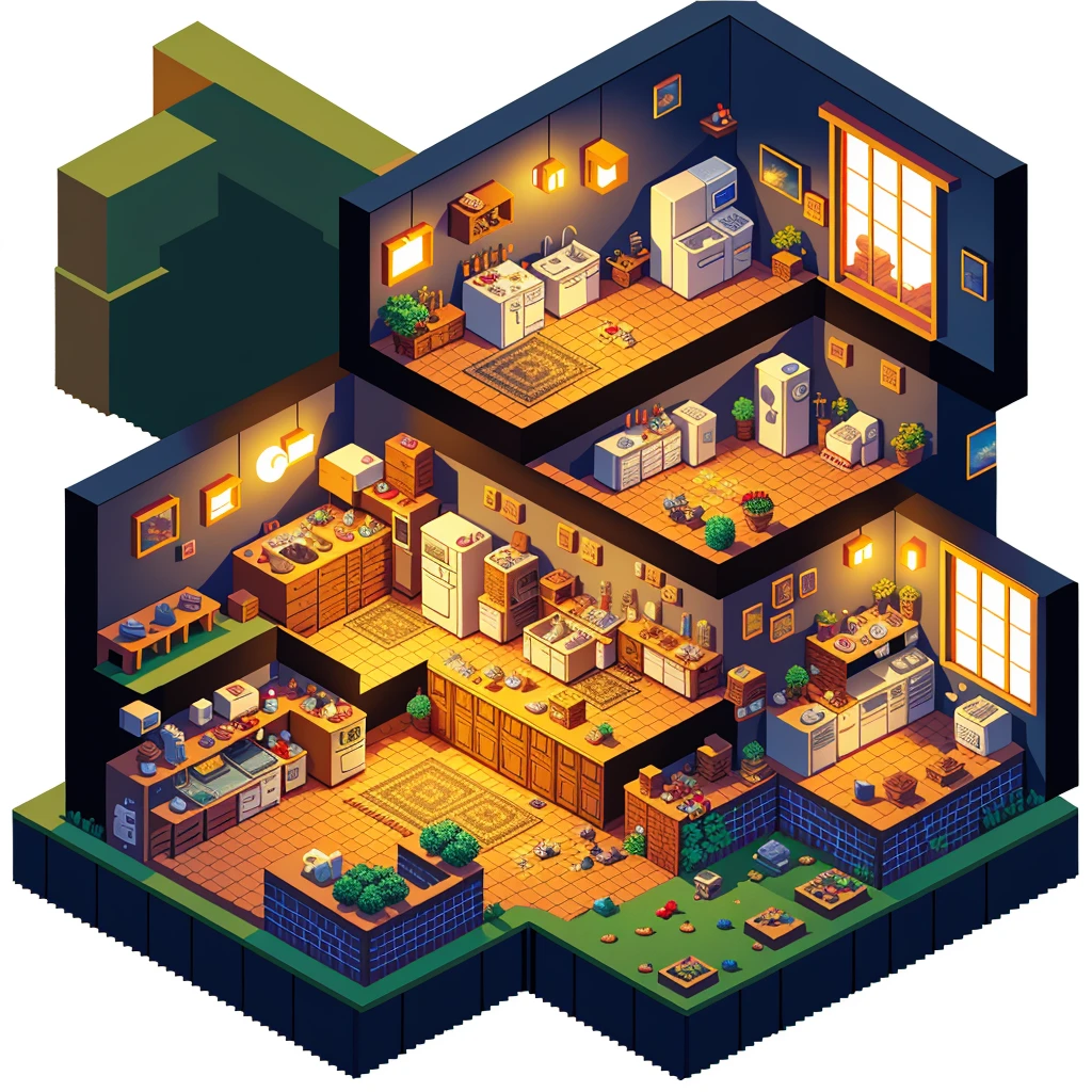 pixel art, isometric perspective, simple background, isometric render of the kitchen interior of a comfy village house at dusk game art