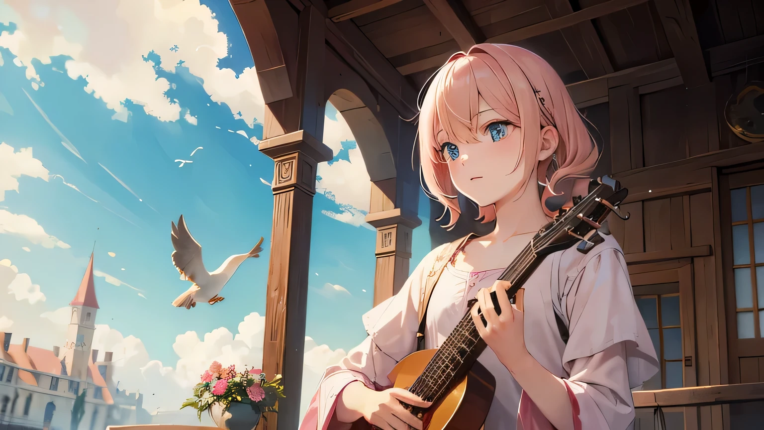 Bird,Young Man,lute,middle ages,Pink blonde hair