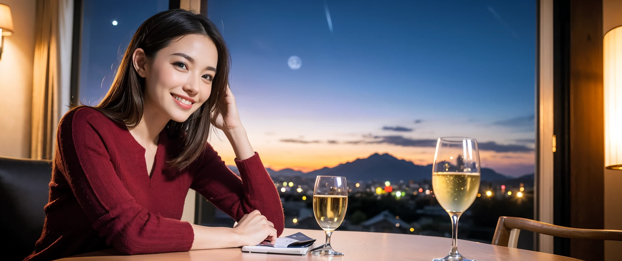 (including k, nffsw, highest quality, table top: 1.2), (realistic, photorealistic: 1.37), Spectacular view of the sunset sky and clouds、Amazing mountain views、long sleeve shirt、winter fashion、Japanese、Dutch、Italian、French,Champagne、sparkling wine、 (Slim Face), (slim body), (brown hair), (shortcut), neat beauty、cheeks turn a little red, (36years old), 40 years old, alone, Outside the window, a beautiful and detailed night view unfolds.., restaurant, Wine glass sitting, At night, in a prominent place (from the Upper body) nova frog style, actress, model, Upper body, White wine, slim, wine glass, Super Clean night View, wine glass Put in the Middle, Happy smile, (smile: 1.15), beautiful and detailed eyes, Upper body, bust japan up, night, short, short, actress, model, Upper body, White wine, slim, wine glass, Super Clean night View, wine glass Put in the Middle, Happy smile,