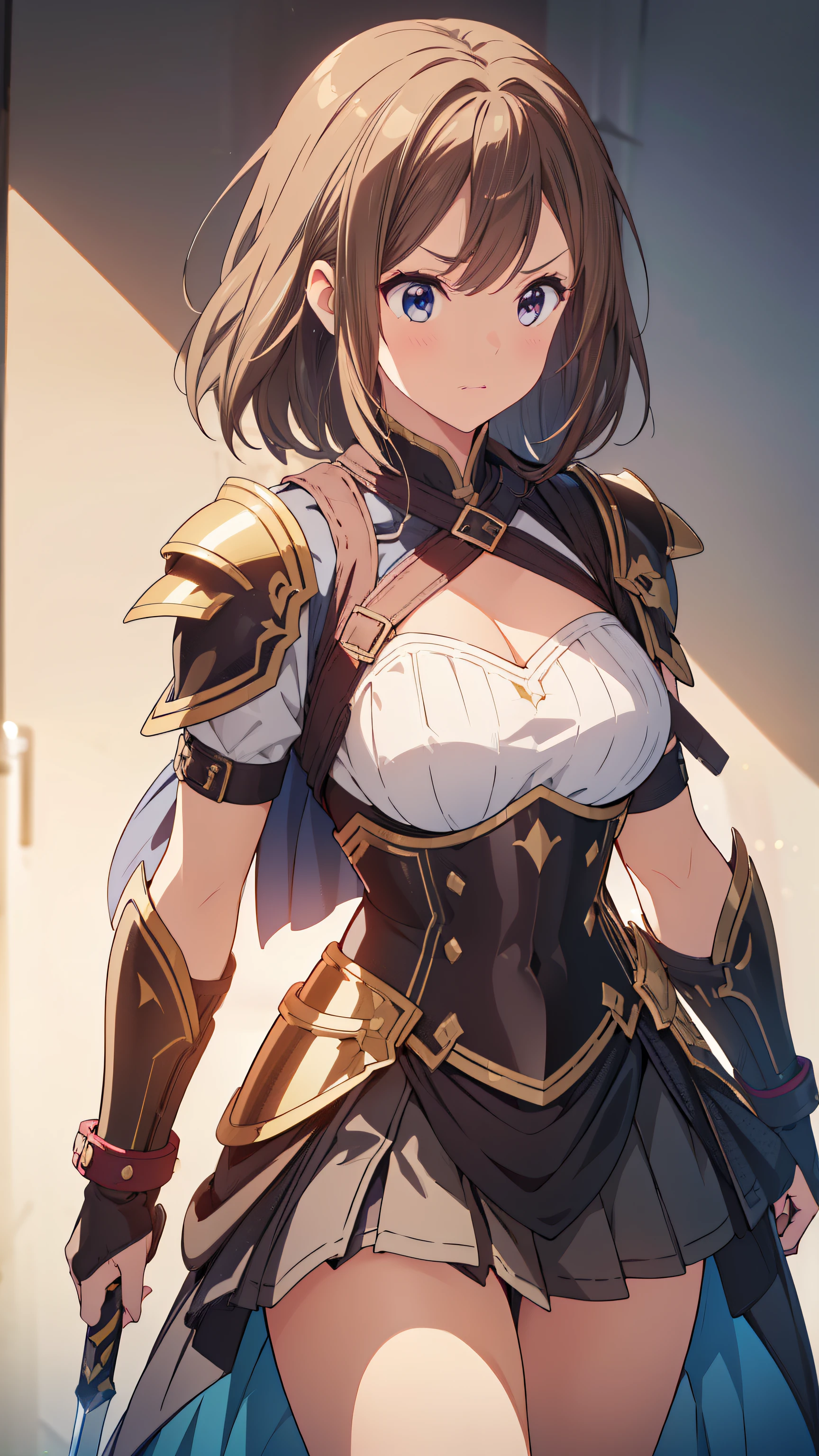 ((Top quality, 4k, 8k, high resolution, masterpiece: 1.2))), (super detailed), (realistic), (photorealistic), (photorealistic: 1.37), (HDR, UHD), (studio (lighting), ultra-fine drawing, sharp focus, physically based rendering, highly detailed, professional, vibrant colors, Warrior: With an angry face, wearing armor and carrying a sword at her waist, chest plate, skirt, walking, white background,