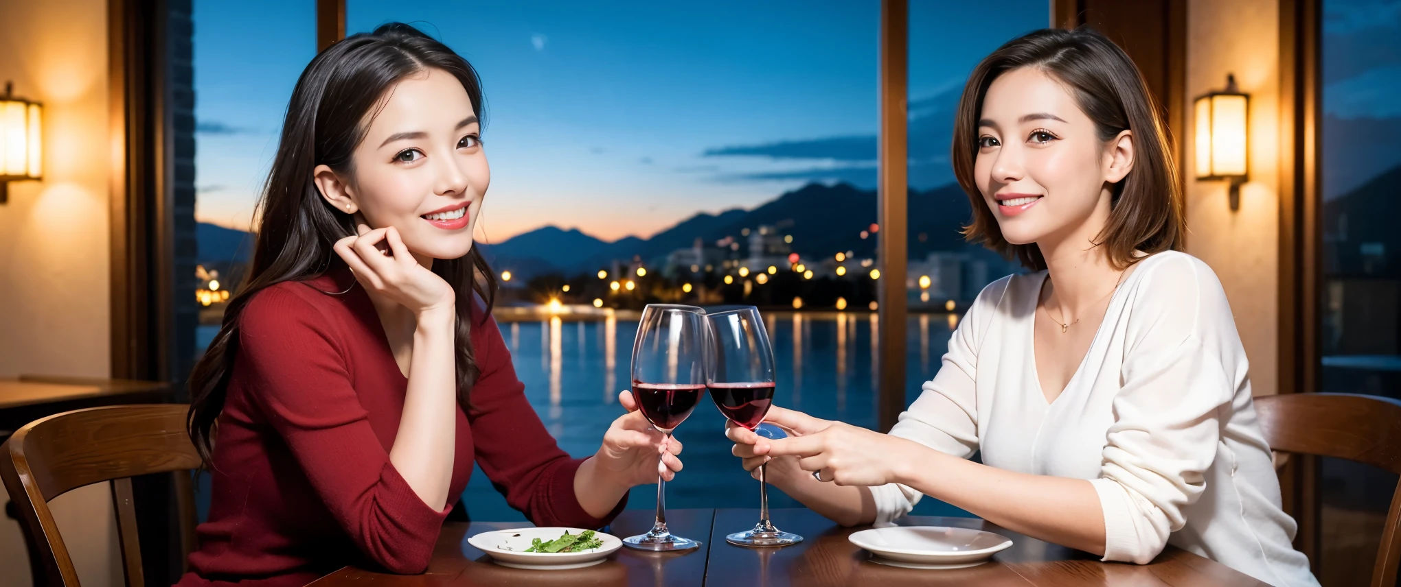(including k, nffsw, highest quality, table top: 1.2), (realistic, photorealistic: 1.37), Spectacular view of the sunset sky and clouds、Amazing mountain views、long sleeve shirt、winter fashion、Japanese、Dutch、Italian、French,Champagne、sparkling wine、 (Slim Face), (slim body), (brown hair), (shortcut), neat beauty、cheeks turn a little red, (36years old), 40 years old, alone, Outside the window, a beautiful and detailed night view unfolds.., restaurant, Wine glass sitting, At night, in a prominent place (from the Upper body) nova frog style, actress, model, Upper body, White wine, slim, wine glass, Super Clean night View, wine glass Put in the Middle, Happy smile, (smile: 1.15), beautiful and detailed eyes, Upper body, bust japan up, night, short, short, actress, model, Upper body, White wine, slim, wine glass, Super Clean night View, wine glass Put in the Middle, Happy smile,
