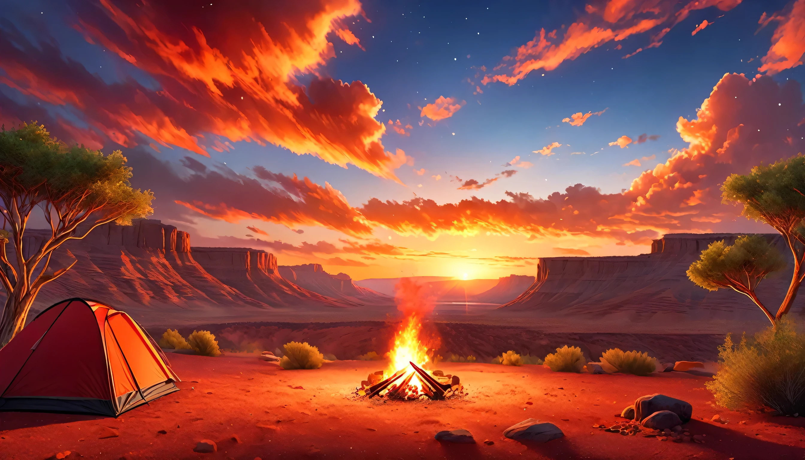 arafed, a picture of a camping (tent: 1.2) and small (campfire: 1,2), on a desert mountaintop, its sunset the sky are in various shades of  (red: 1.1), (orange: 1.1), (azure: 1.1) (purple:1.1) there is smoke rising from the fire camp, there is a magnificent view of the desert canyon and ravines, there is sparce trees on the horizon, it is a time of serenity, peace, and relaxation, best quality, 16K,  photorealism, National Geographic award winning photoshoot, ultra wide shot, RagingNebula, ladyshadow