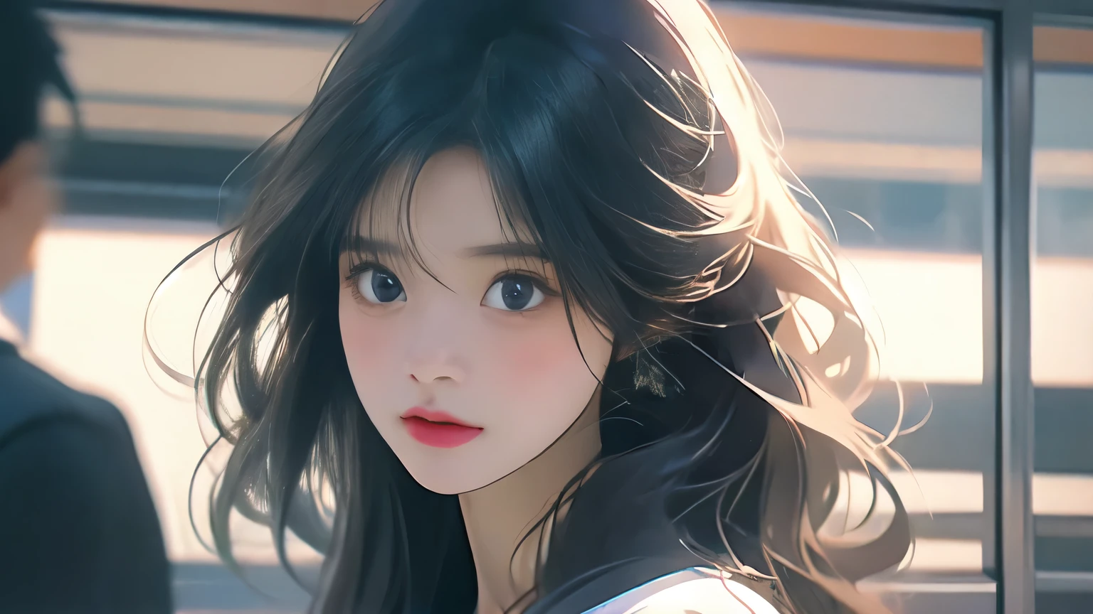 A beautiful Chinese girl with long hair and blue eyes stands in the elevator holding documents, wearing a white shirt in the style of anime art. The artwork has a realistic, hyperdetailed rendering with meticulous brushwork. It features charming character illustrations with a simple background, natural light, and natural skin tones. The high definition resolution depicts an office scene from a front view --ar 16:9 --v 6