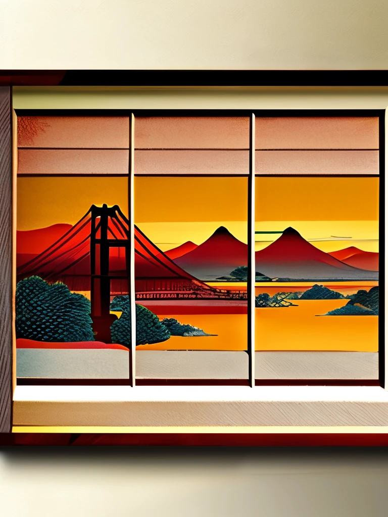 Japanese painting, Ukiyo-e, woodblock prints, best quality, super fine, 16k, delicate and dynamic, Golden Gate Bridge