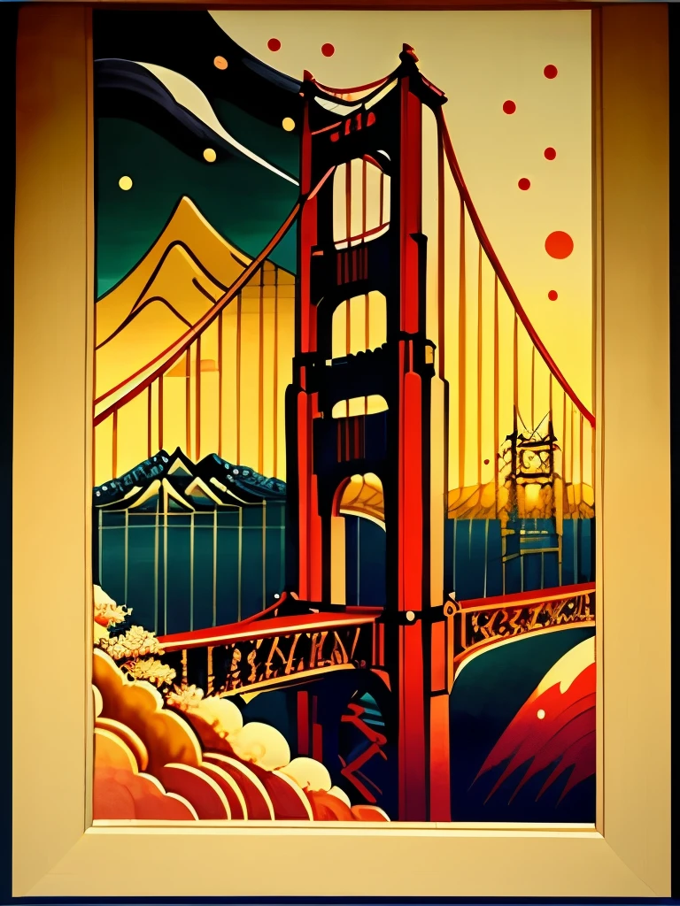 Japanese painting, Ukiyo-e, woodblock prints, best quality, super fine, 16k, delicate and dynamic, Golden Gate Bridge