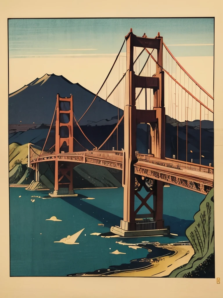 Japanese painting, Ukiyo-e, woodblock prints, best quality, super fine, 16k, delicate and dynamic, Golden Gate Bridge