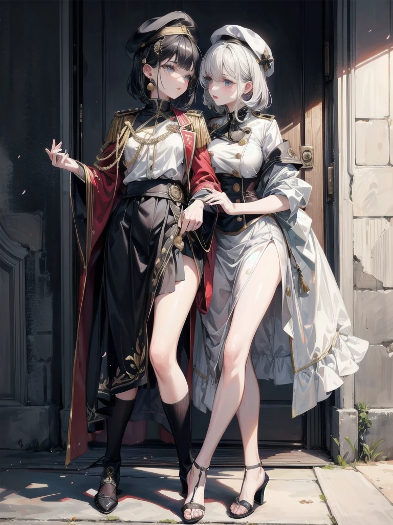 whole body, yuri, beret, skirt, military uniform, absurdres, RAW photo, extremely delicate and beautiful, masterpiece, Best Quality, ultra high resolution, 32k, hyperrealistic, ultra-detailed, perfect figure, perfect shape, detailed description, pale skin, 20 years old, detailed beautiful face and eyes, tearful mole, earring, short medium hair, wavy hair,