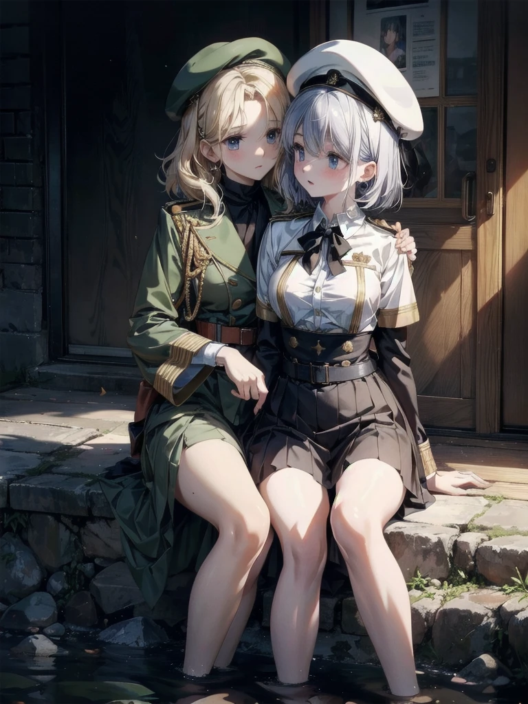 whole body, yuri, beret, skirt, military uniform, absurdres, RAW photo, extremely delicate and beautiful, masterpiece, Best Quality, ultra high resolution, 32k, hyperrealistic, ultra-detailed, perfect figure, perfect shape, detailed description, pale skin, 20 years old, detailed beautiful face and eyes, tearful mole, earring, short medium hair, wavy hair,