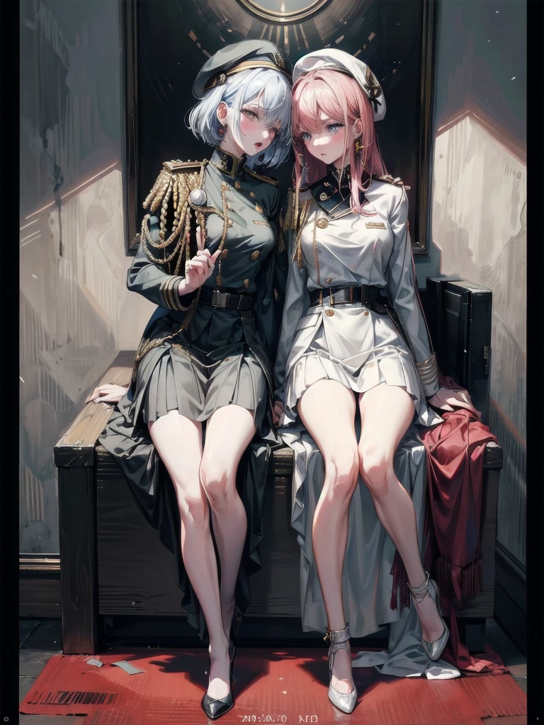 whole body, yuri, beret, skirt, military uniform, absurdres, RAW photo, extremely delicate and beautiful, masterpiece, Best Quality, ultra high resolution, 32k, hyperrealistic, ultra-detailed, perfect figure, perfect shape, detailed description, pale skin, 20 years old, detailed beautiful face and eyes, tearful mole, earring, short medium hair, wavy hair,