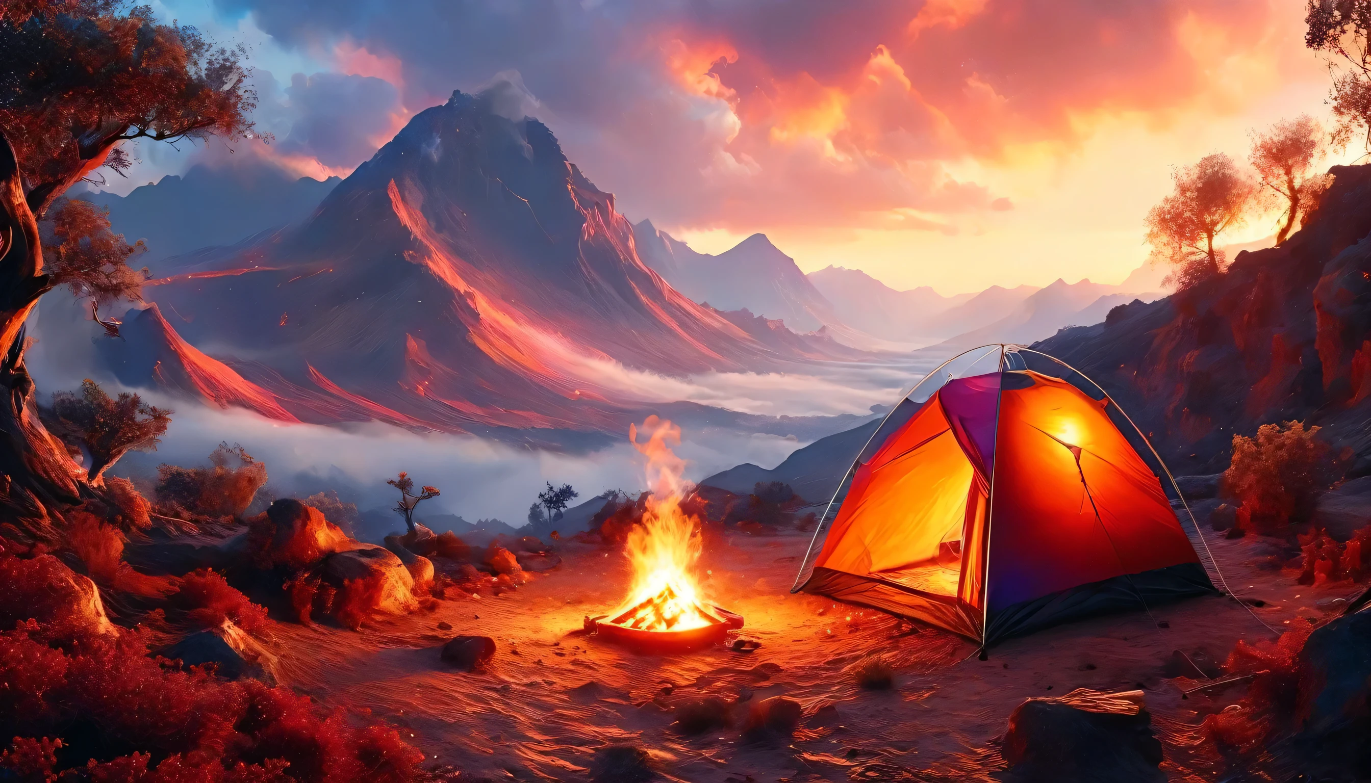 arafed, a picture of a camping (tent: 1.2) and small (campfire: 1,2), on a desert mountaintop, its sunset the sky are in various shades of  (red: 1.1), (orange: 1.1), (azure: 1.1) (purple:1.1) there is smoke rising from the fire camp, there is a magnificent view of the desert canyon and ravines, there is sparce trees on the horizon, it is a time of serenity, peace, and relaxation, best quality, 16K,  photorealism, National Geographic award winning photoshoot, ultra wide shot, RagingNebula, ladyshadow