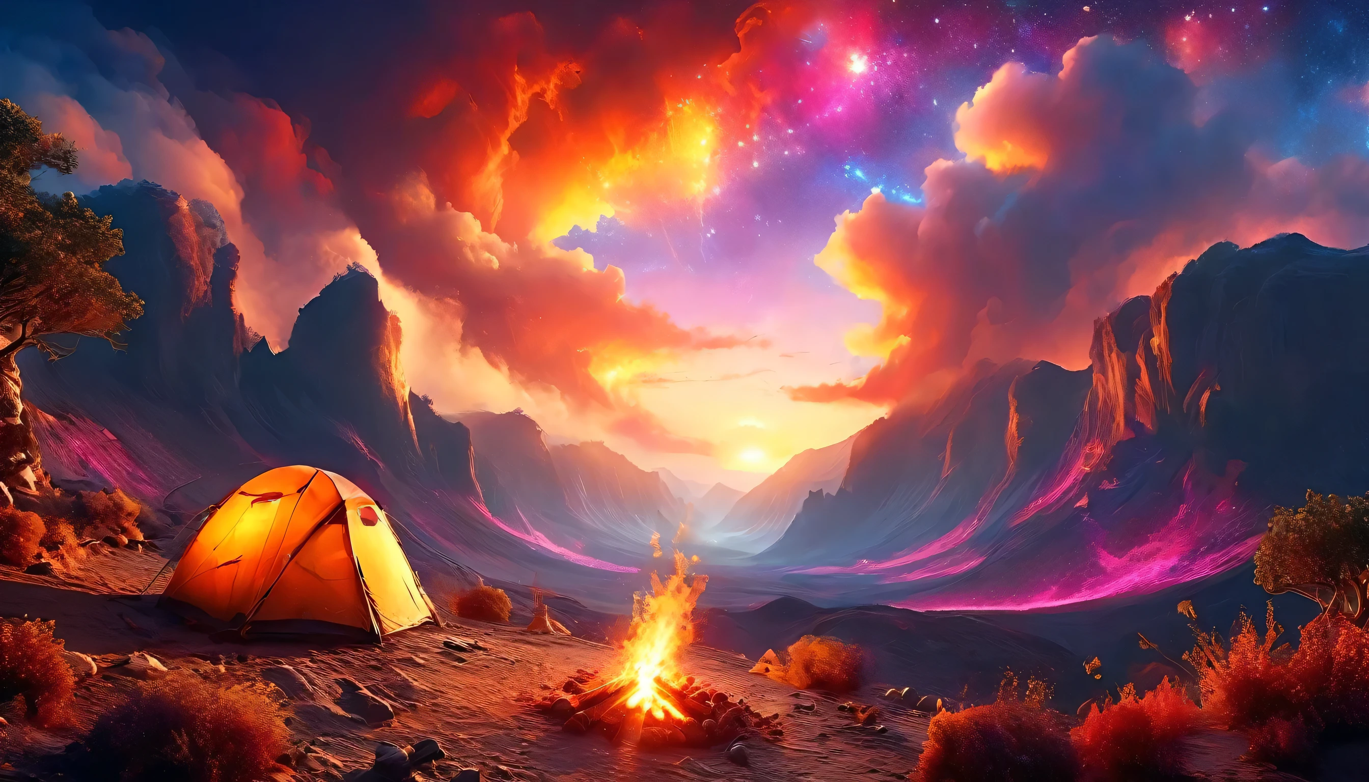 arafed, a picture of a camping (tent: 1.2) and small (campfire: 1,2), on a desert mountaintop, its sunset the sky are in various shades of  (red: 1.1), (orange: 1.1), (azure: 1.1) (purple:1.1) there is smoke rising from the fire camp, there is a magnificent view of the desert canyon and ravines, there is sparce trees on the horizon, it is a time of serenity, peace, and relaxation, best quality, 16K,  photorealism, National Geographic award winning photoshoot, ultra wide shot, RagingNebula, ladyshadow