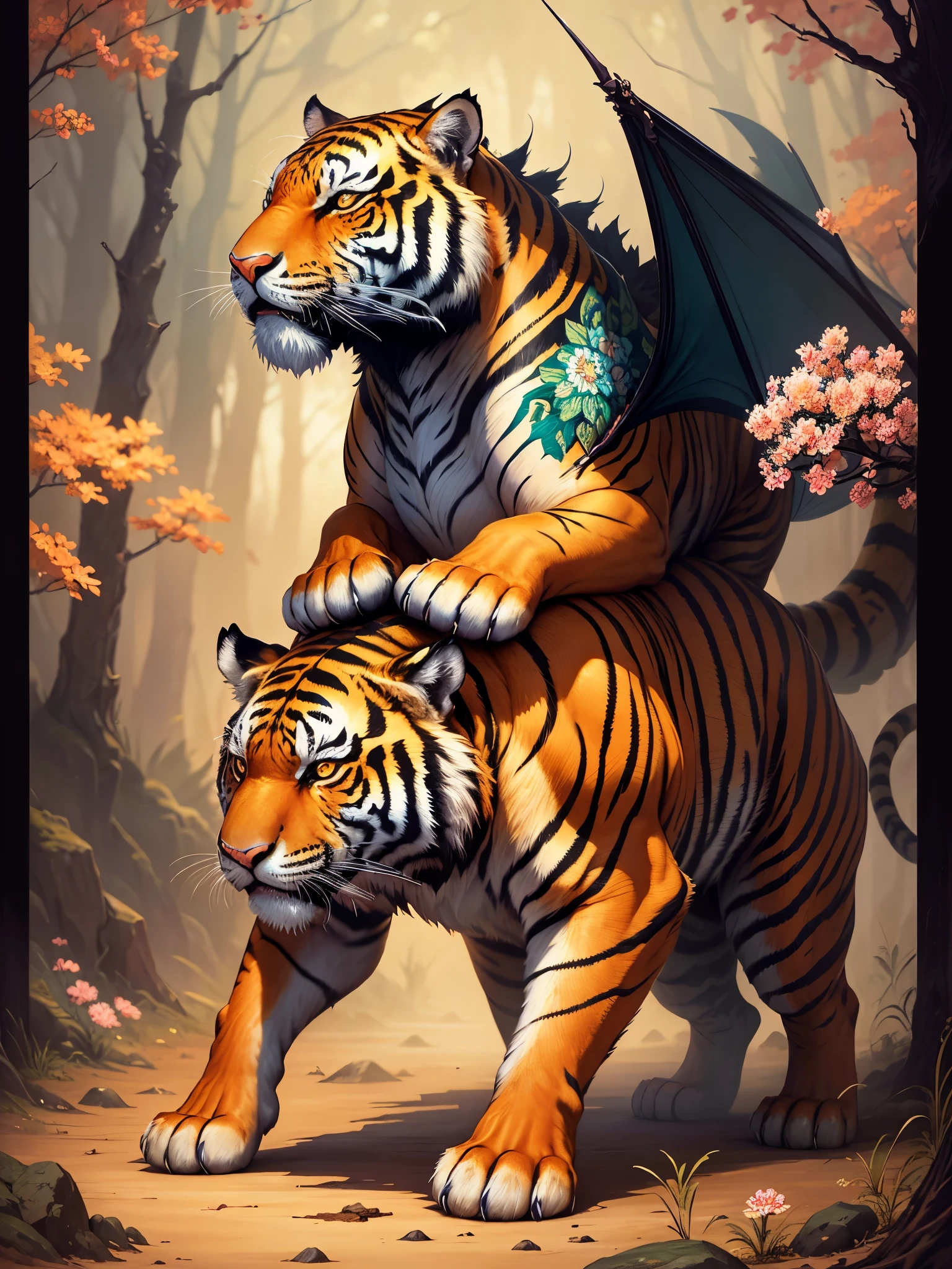 painting of a tiger with a dragon on its back and flowers, sacred tiger, mark brooks detailed, full of colors and rich detail, highly detailed and colored, tiger_beast, by Kano Tan'yū, tiger, ((tiger)), highly detailed digital artwork, detailed painting 4 k, 4 k highly detailed art, by Mark Brooks