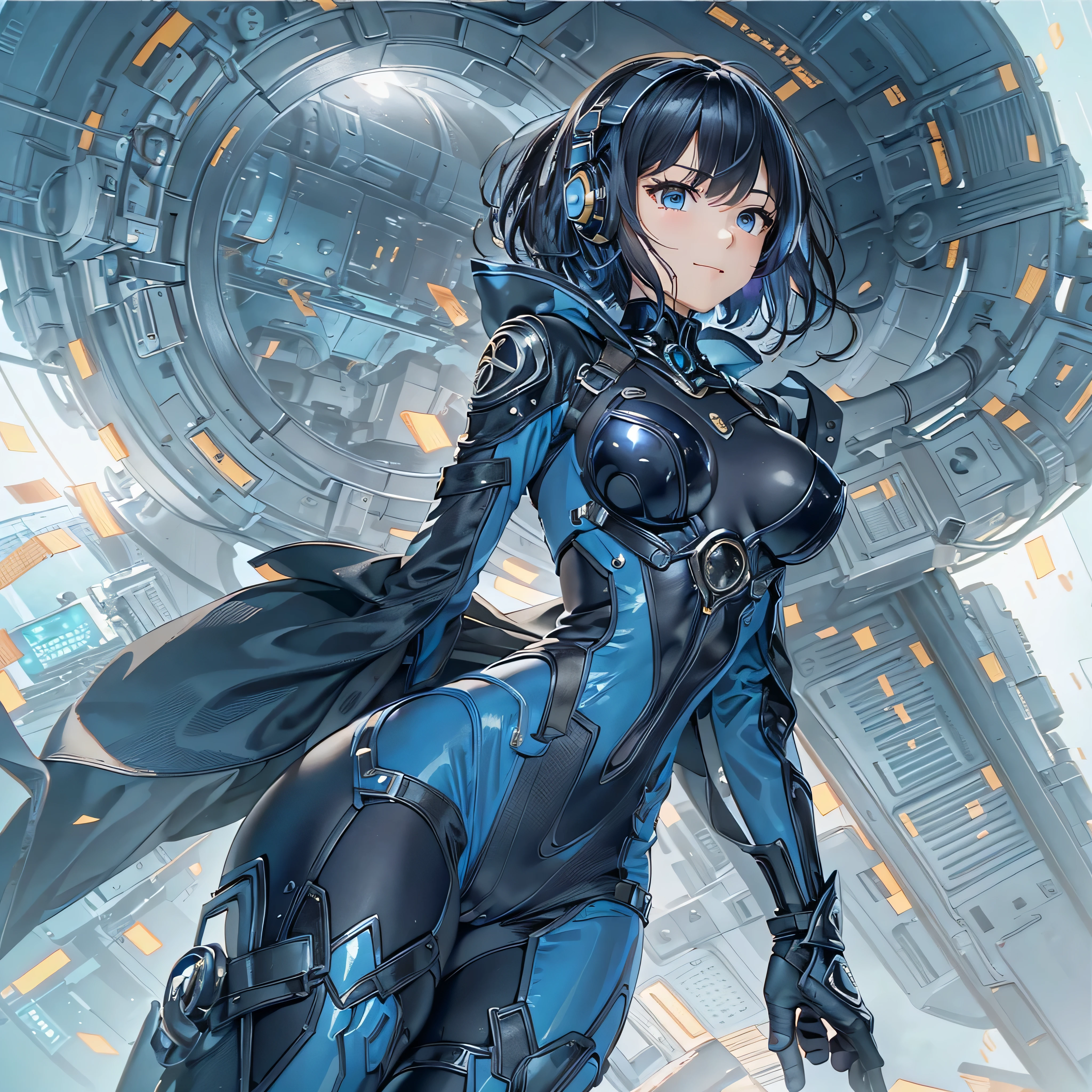 (masterpiece、highest quality、Highest Resolution、Clear_image、Detailed details、Angle from above): (Whole body、One 20 year old girl、Japanese Faces、Small Face、Slender、Navy blue super short bob cut hair、(Hidden small breasts:1.3)、Sparkling blue eyes、Shiny pilot suit in blue and black colors、Chest protection armor、Tight fitting clothes、Clothing that covers the whole body、Glamorous clothes、Tight Fit Pants、Hide your skin、Very delicate and beautiful、Detailed Skin、hide thighs、Hide your ass、Cute、A gentle smile、Soft expression、heroine、headset、Knee-high boots、Elbow-length gloves、Eye Level Shot、Face directly、Woman on a spaceship)