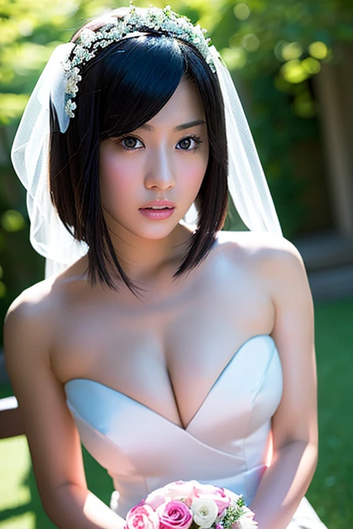 masterpiece:1.2, highest quality), Realistic, (live-action, Intricate details, Depth of written boundary), (One girl, alone), compensate, Lips parted, Very detailed, Perfect Face, (Skin dents), Thick thighs, Wide Hips, Narrow waist, expensive, Glossy coral lips,, (Girl in wedding dress holding flowers in hand )), sexy, Blushing, Mikasa from AOT