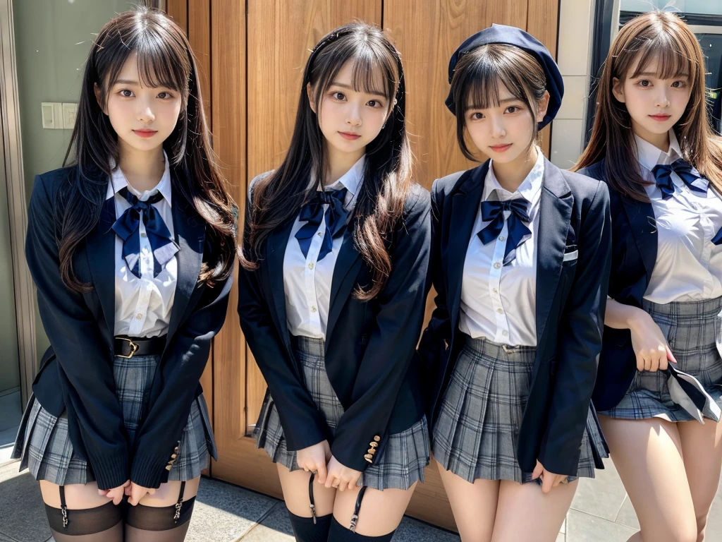 muster piece, best quality, illustration, Super detailed, fine details, High resolution, 8K,wall paper, perfect dynamic composition,(Details High quality, realistic depiction of eyes:1.3), ((2 girls, 2 schoolgirls)), The background is a luxury hotel room、High school girl uniform、blazer 、Super Short Check Uniform Skirt、Navy blue high socks、garterbelts、Colossal tits、Disturbed uniform, Play with each other,Touching each other's bodies,Touching the body of the girl next door, short bob hair, black hair color, huge breasts, Big Natural Color Lip, bold sexy pose, (perfect body shape), crying a little、cold gaze,  Harajuku style、Beautiful makeup,glitter makeup,Cutest 18 years old, beautiful legs, hposing Gravure Idol, Voluptuous thighs
