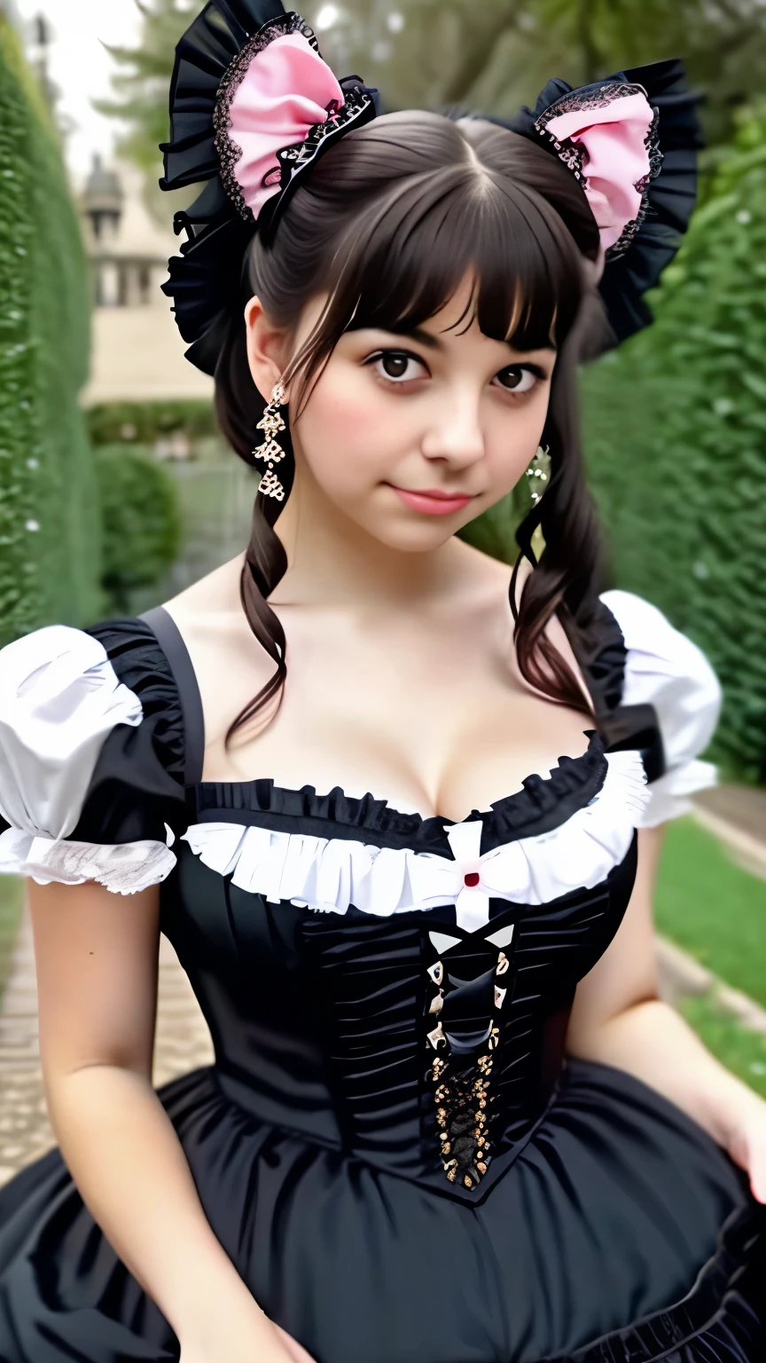 a close up of a woman in a pink dress with black bows, ta style, romantic dress, loliashion, black and pink dress, magical dress, cute dress, dreamy style, fantasy dress, pink and black, rococo dress, victorian gothic lolita fon, beautiful dress, full dress, whimsical and cute, black white pastel pink, retro and ethereal