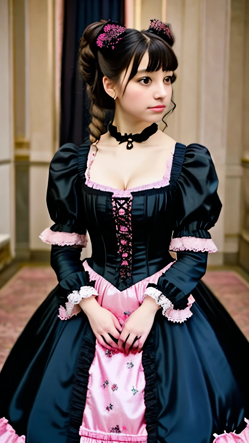 a close up of a woman in a pink dress with black bows, a colorized photo by Ayami Kojima, tumblr, renaissance, lolita style, romantic dress, lolita fashion, black and pink dress, magical dress, cute dress, dreamy style, pink and black, fantasy dress, rococo dress, victorian gothic lolita fashion, beautiful dress, full dress, whimsical and cute