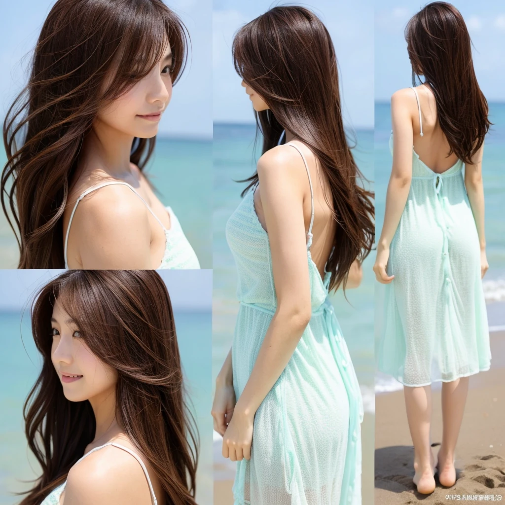 Japanese、Beauty、Her hair is long and brown.、Back view、standing on the beach