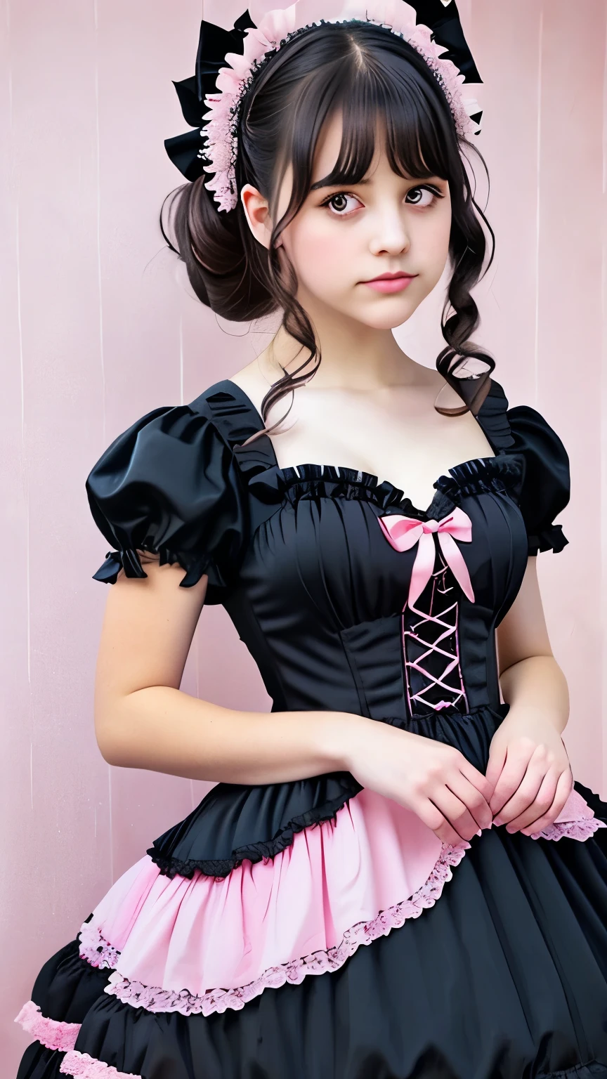 a close up of a woman in a pink dress with black bows, ta style, romantic dress, loliashion, black and pink dress, magical dress, cute dress, dreamy style, fantasy dress, pink and black, rococo dress, victorian gothic lolita fon, beautiful dress, full dress, whimsical and cute, black white pastel pink, retro and ethereal