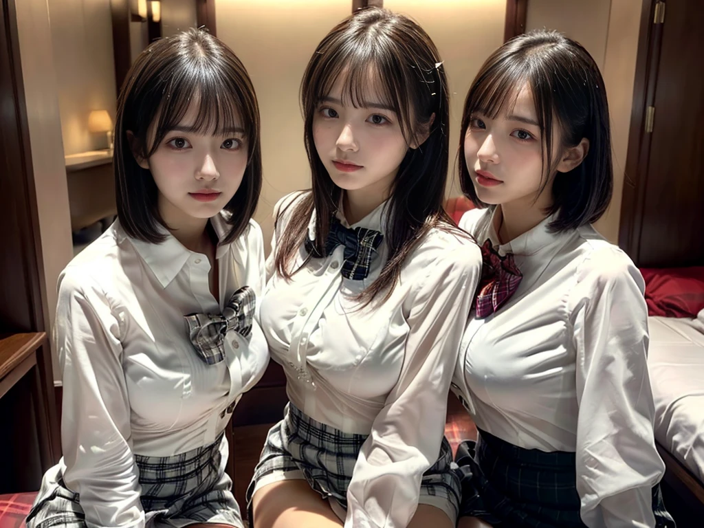 masutepiece、Ultra High Quality、Perfect Anatomy、hight resolution、2 girls in、(Face each other and press chest to chest:1.8)、Shoot from above、(((short-hair)、Beautiful black hair))、(Beautiful eyes、A detailed eye、drooing eyes、Natural eyeedium tits:1.8)、((Beautiful legs、((Closed legs))、(Hands between the legs)、(Chest between arms)))、((School uniform、(Tight white blouse shirt:1.4)、(Plaid miniskirt)、(bowtie)))、hi-school girl、The background is a luxury hotel room))