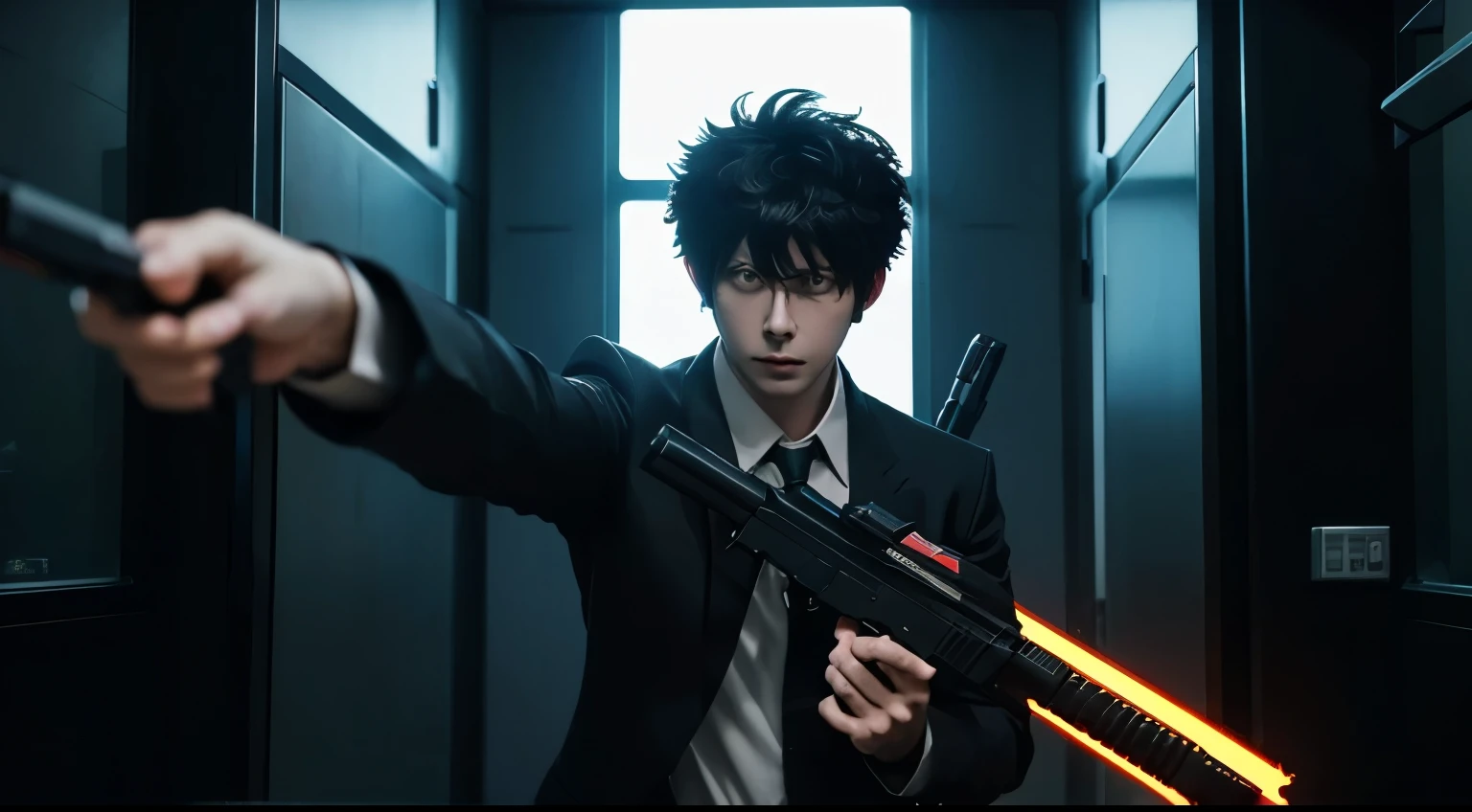 art style in the style of psycho pass, dominator gun, anime, kogami, wielding dominator gun, dark metro, window with light, night time