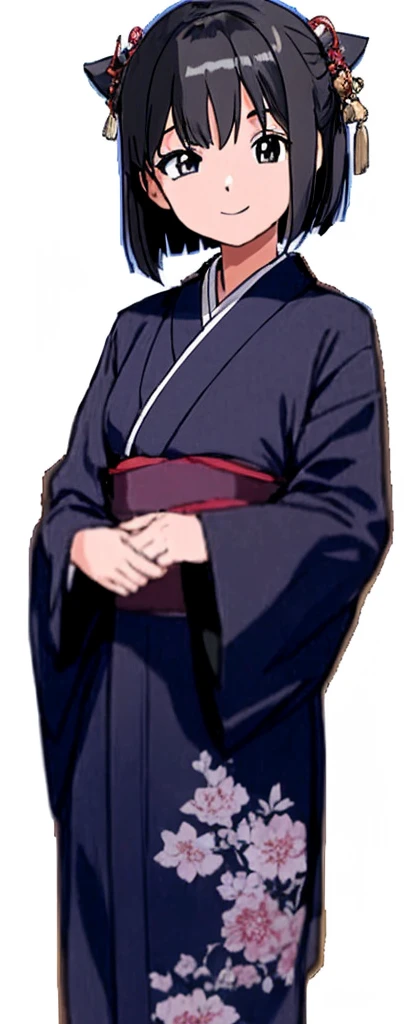 A young girl with bob hair is wearing a kimono at a ryokan and is standing with her eyes slightly open and smiling, looking to the left.。