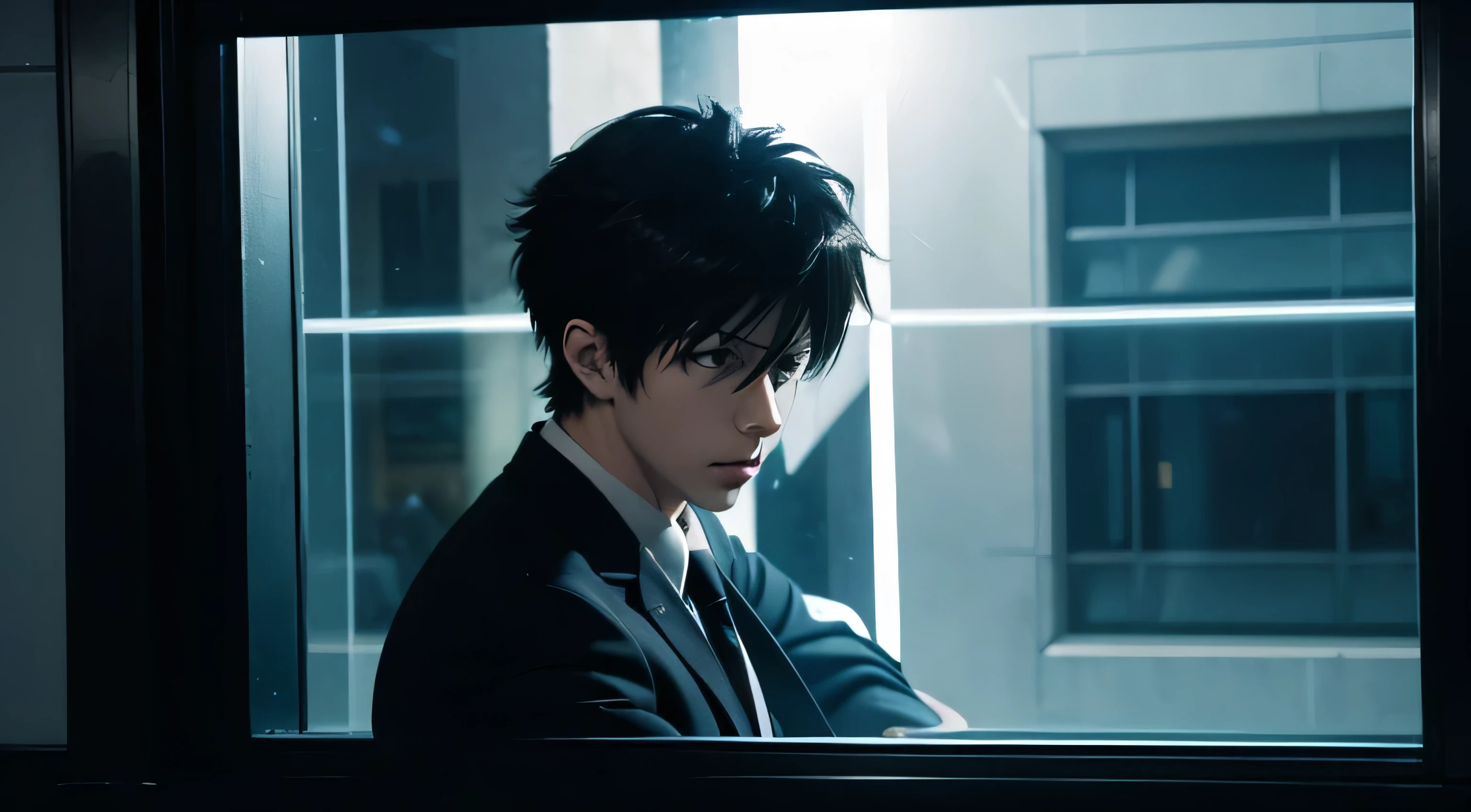 art style in the style of psycho pass, dominator gun, anime, kogami, wielding dominator gun, dark metro, window with light, night time