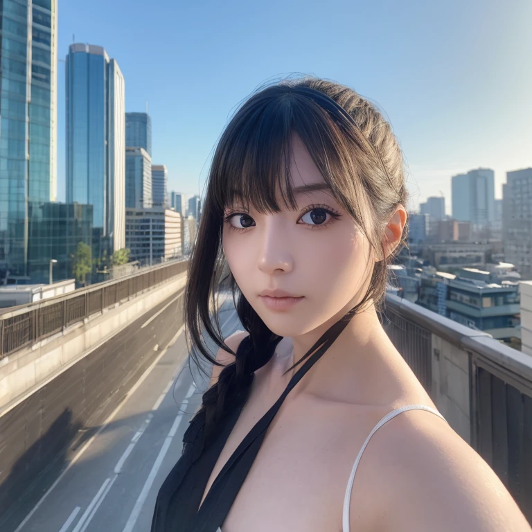 (One girl:1.3), alone, (((Very Detailed face)))), ((Very detailedな目と顔)))), beautifulディテールの目, Body parts__, Official Art, Unified 8k wallpaper, Very detailed, beautiful and beautiful, beautiful, masterpiece, 最high quality, original, masterpiece, Ultra HD Photos, 最high quality, Ultra-high resolution, Realistic realism, sunlight, Full body portrait, Amazing beauty, Dynamic pose, Delicate face, Vivid eyes, (from the front), Very detailedな都市の屋根の背景, rooftop, Overlooking the city, Detailed face, Detailed, intricate and busy background, Messy, nice, milky, Very detailedな肌, Realistic skin detail, Pores are visible, Clear focus, Volumetric Fog, 8K Ultra HD, Digital SLR, high quality, Film Grain, Fair skin, Photographic realism, Lomography, Future dystopian megalopolis, translucent