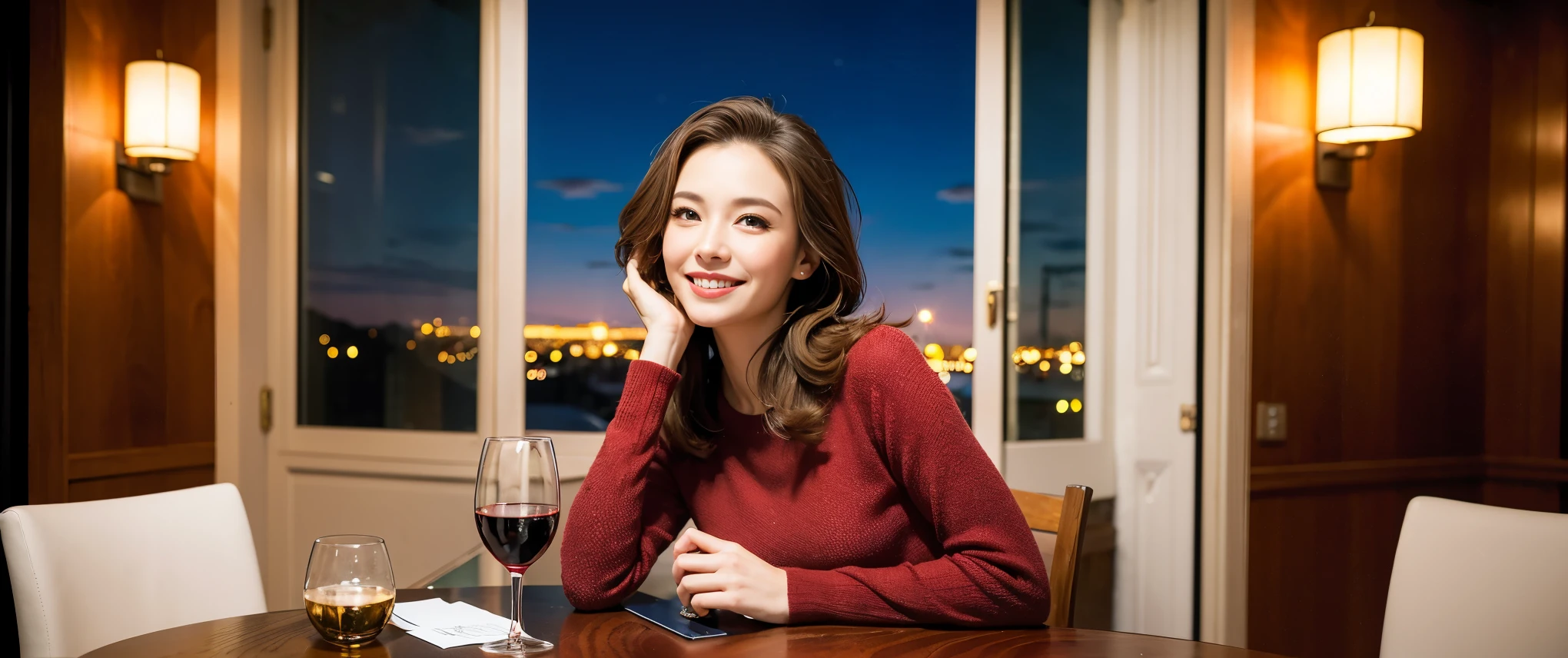 (including k, nffsw, highest quality, table top: 1.2), (realistic, photorealistic: 1.37), Spectacular view of the sunset sky and clouds、Amazing mountain views、long sleeve shirt、winter fashion、Japanese、Dutch、Italian、French,Champagne、sparkling wine、 (Slim Face), (slim body), (brown hair), (shortcut), neat beauty、cheeks turn a little red, (36years old), 40 years old, alone, Outside the window, a beautiful and detailed night view unfolds.., restaurant, Wine glass sitting, At night, in a prominent place (from the Upper body) nova frog style, actress, model, Upper body, White wine, slim, wine glass, Super Clean night View, wine glass Put in the Middle, Happy smile, (smile: 1.15), beautiful and detailed eyes, Upper body, bust japan up, night, short, short, actress, model, Upper body, White wine, slim, wine glass, Super Clean night View, wine glass Put in the Middle, Happy smile,