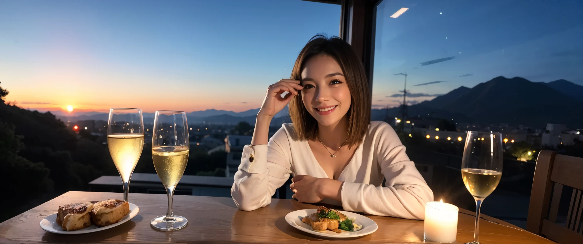 (including k, nffsw, highest quality, table top: 1.2), (realistic, photorealistic: 1.37), Spectacular view of the sunset sky and clouds、Amazing mountain views、long sleeve shirt、winter fashion、Japanese、Dutch、Italian、French,Champagne、sparkling wine、 (Slim Face), (slim body), (brown hair), (shortcut), neat beauty、cheeks turn a little red, (36years old), 40 years old, alone, Outside the window, a beautiful and detailed night view unfolds.., restaurant, Wine glass sitting, At night, in a prominent place (from the Upper body) nova frog style, actress, model, Upper body, White wine, slim, wine glass, Super Clean night View, wine glass Put in the Middle, Happy smile, (smile: 1.15), beautiful and detailed eyes, Upper body, bust japan up, night, short, short, actress, model, Upper body, White wine, slim, wine glass, Super Clean night View, wine glass Put in the Middle, Happy smile,