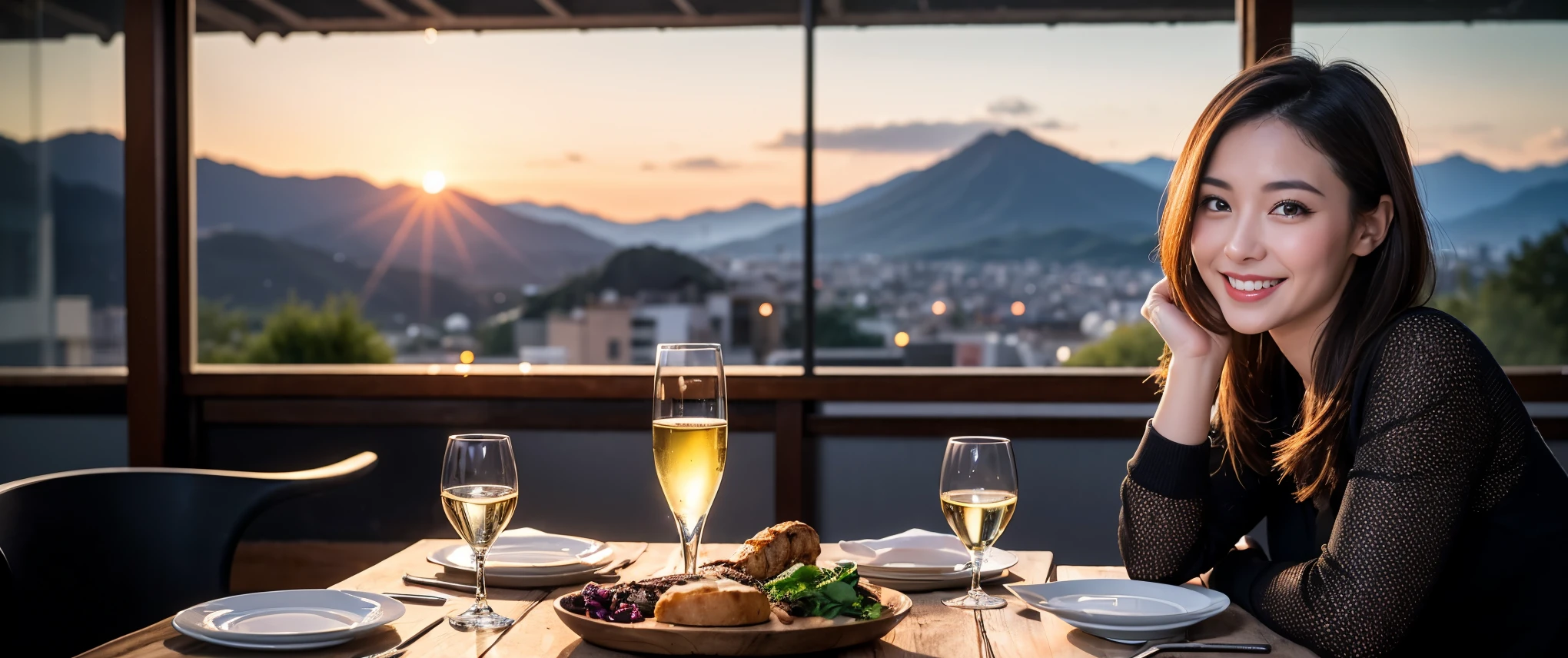 (including k, nffsw, highest quality, table top: 1.2), (realistic, photorealistic: 1.37), Spectacular view of the sunset sky and clouds、Amazing mountain views、long sleeve shirt、winter fashion、Japanese、Dutch、Italian、French,Champagne、sparkling wine、 (Slim Face), (slim body), (brown hair), (shortcut), neat beauty、cheeks turn a little red, (36years old), 40 years old, alone, Outside the window, a beautiful and detailed night view unfolds.., restaurant, Wine glass sitting, At night, in a prominent place (from the Upper body) nova frog style, actress, model, Upper body, White wine, slim, wine glass, Super Clean night View, wine glass Put in the Middle, Happy smile, (smile: 1.15), beautiful and detailed eyes, Upper body, bust japan up, night, short, short, actress, model, Upper body, White wine, slim, wine glass, Super Clean night View, wine glass Put in the Middle, Happy smile,
