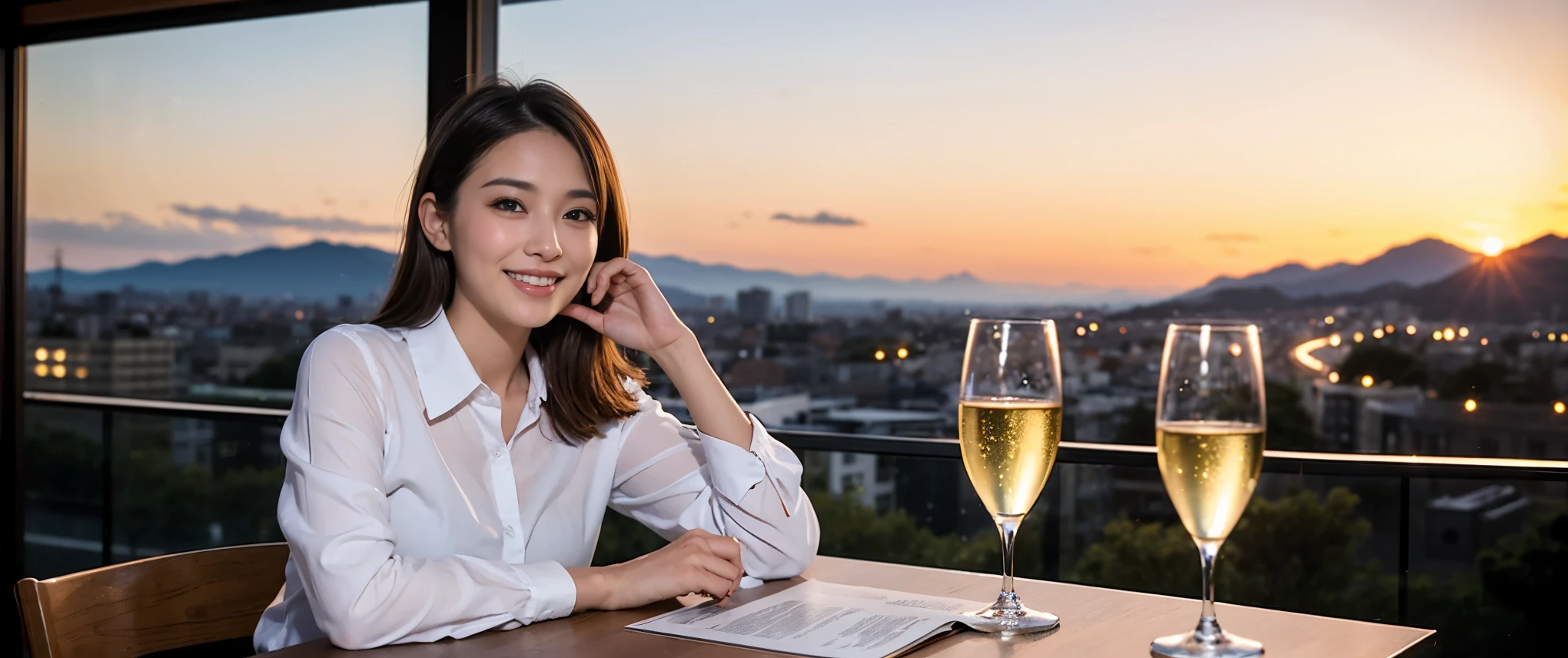 (including k, nffsw, highest quality, table top: 1.2), (realistic, photorealistic: 1.37), Spectacular view of the sunset sky and clouds、Amazing mountain views、long sleeve shirt、winter fashion、Japanese、Dutch、Italian、French,Champagne、sparkling wine、 (Slim Face), (slim body), (brown hair), (shortcut), neat beauty、cheeks turn a little red, (36years old), 40 years old, alone, Outside the window, a beautiful and detailed night view unfolds.., restaurant, Wine glass sitting, At night, in a prominent place (from the Upper body) nova frog style, actress, model, Upper body, White wine, slim, wine glass, Super Clean night View, wine glass Put in the Middle, Happy smile, (smile: 1.15), beautiful and detailed eyes, Upper body, bust japan up, night, short, short, actress, model, Upper body, White wine, slim, wine glass, Super Clean night View, wine glass Put in the Middle, Happy smile,