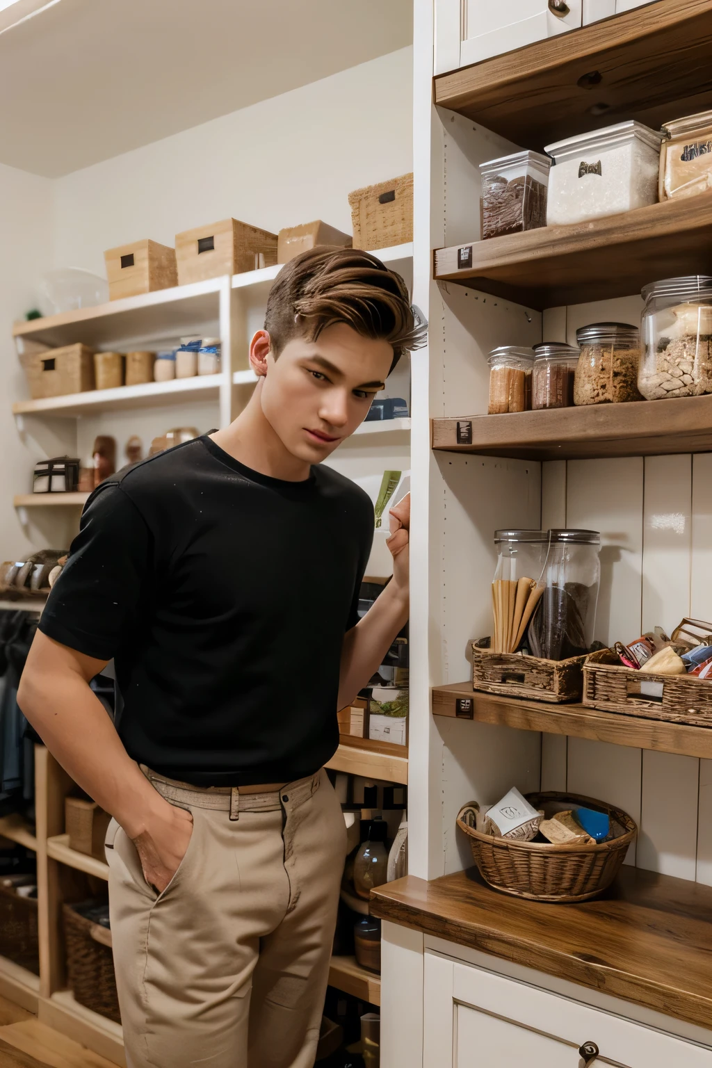 A small, quaint shop interior with shelves full of goods, a young man discreetly taking an item, photographed in 4K, super clear and sharp.