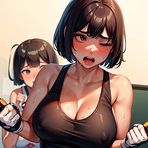 Two girls. Serious competition. They are competing in a martial arts ring. A heavyweight Japanese high school girl is thrusting her fists against the body of a poorly built Japanese high school girl. She is covered in sweat and covered in scratches, one eye closed, mouth open, panting and drooling. She wears a tank top, spats, and open-fingered gloves. Erect nipples.