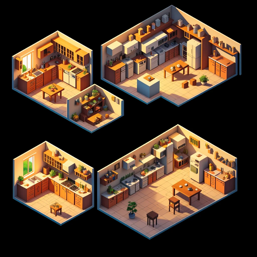 art, isometric perspective, simple background, isometric render of the kitchen interior of a comfy village house at dusk game art