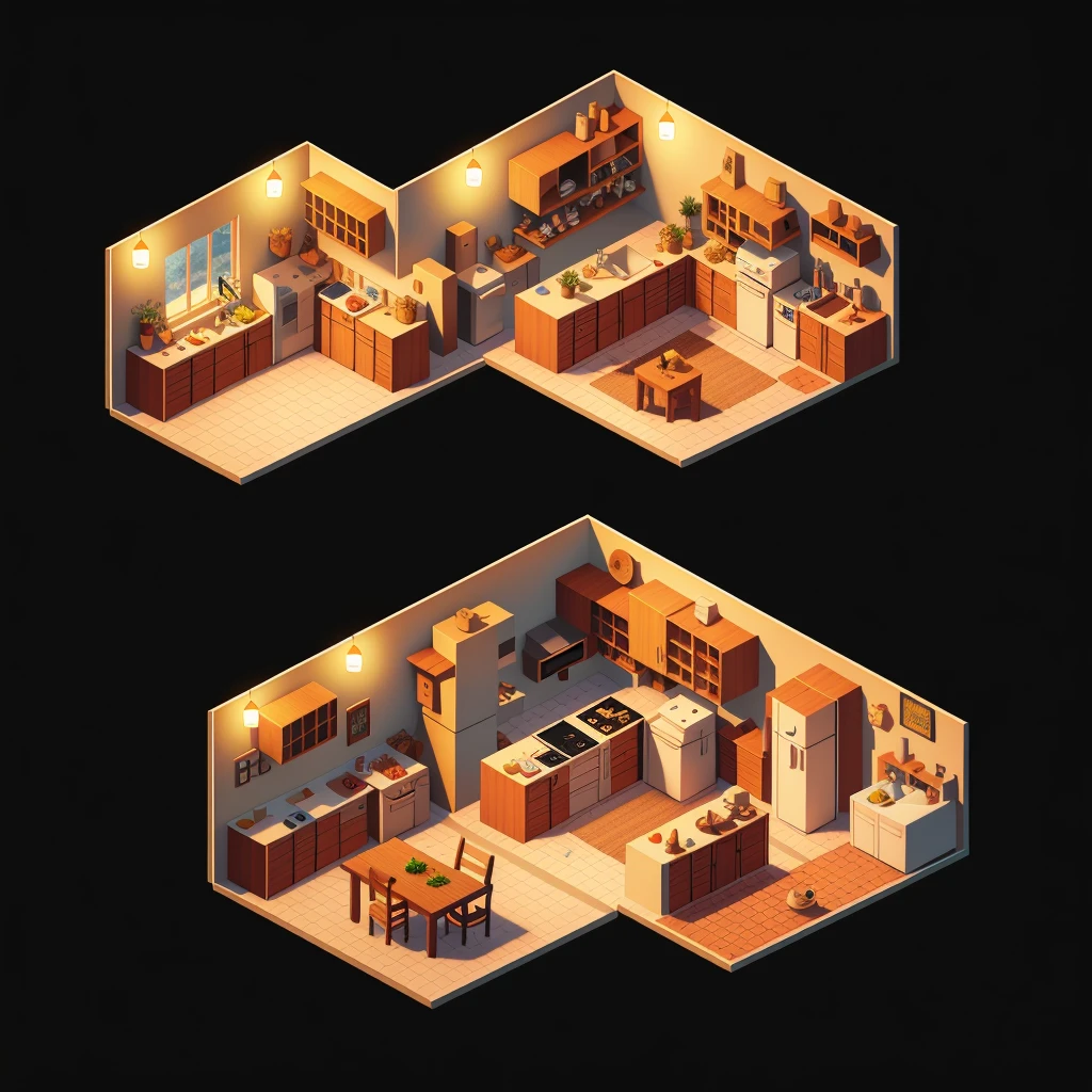 art, isometric perspective, simple background, isometric render of the kitchen interior of a comfy village house at dusk game art