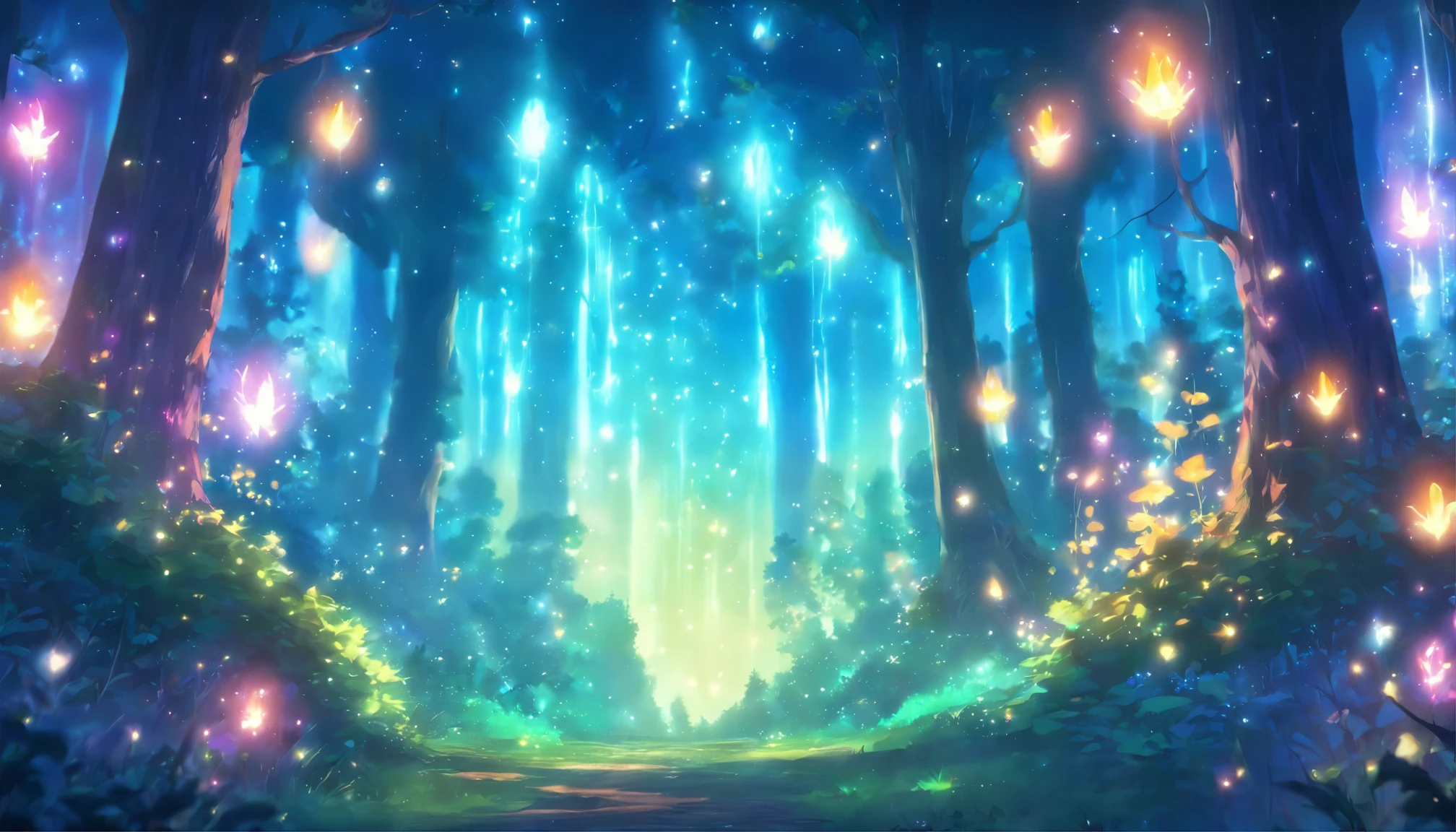 a forest filled with lots of trees and lights, magic fairy forest, magical forest in the background, magical forest, magical colours and atmosphere, very magical and dreamy, enchanted and magic forest, magical colors and atmosphere, enchanted magical fantasy forest, magical fantasy forest, in a magical forest, magical forest with fireflies, magic forest, magical forest backround, . ethereal lights
