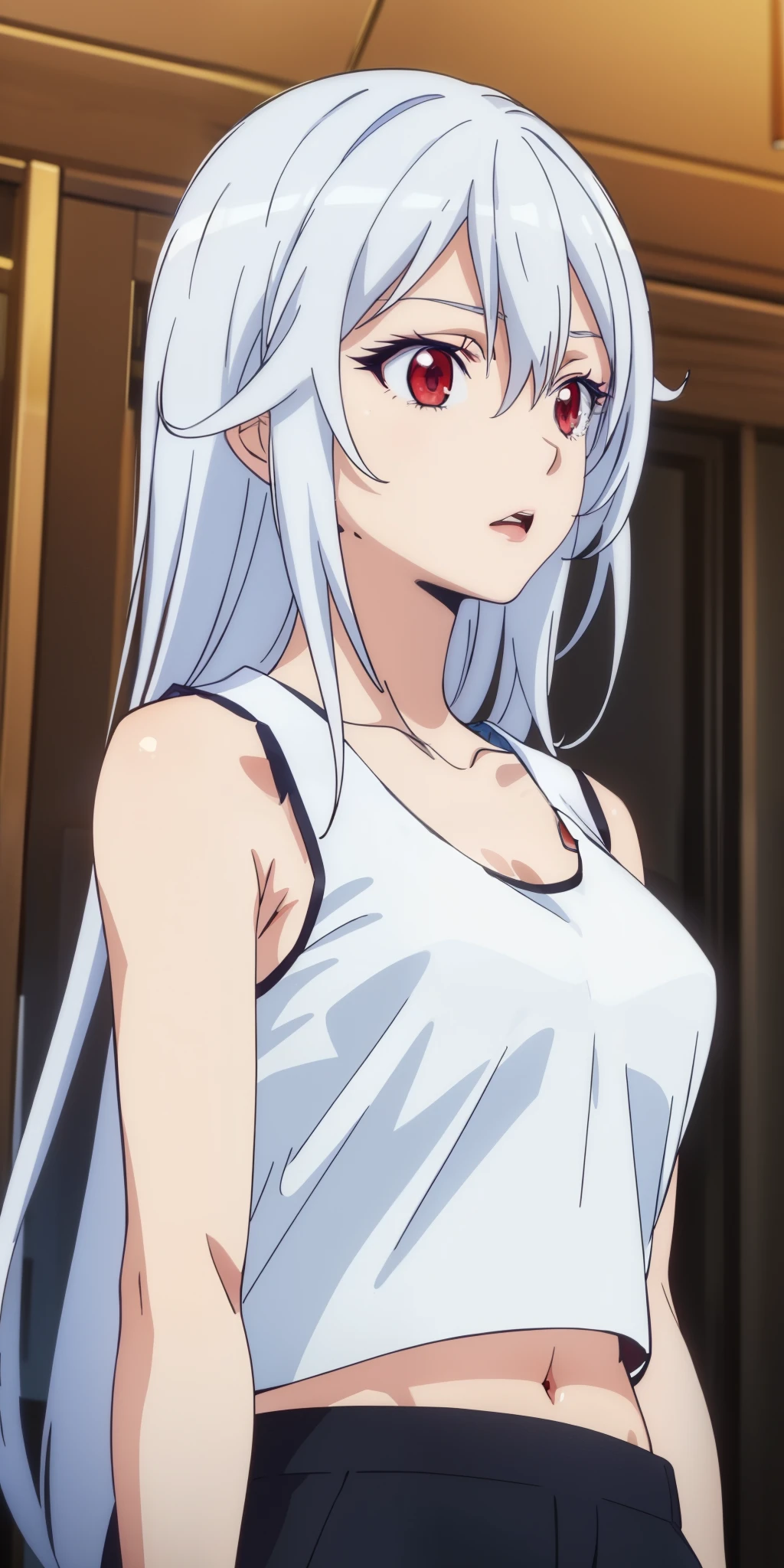 (masterpiece, best quality:1.2),illustration,8k,hd,1girl,very_long_hair,medium breasts,red_eyes,white_hair,((sleeveless)),(((cropped tank top, upper body))),aine