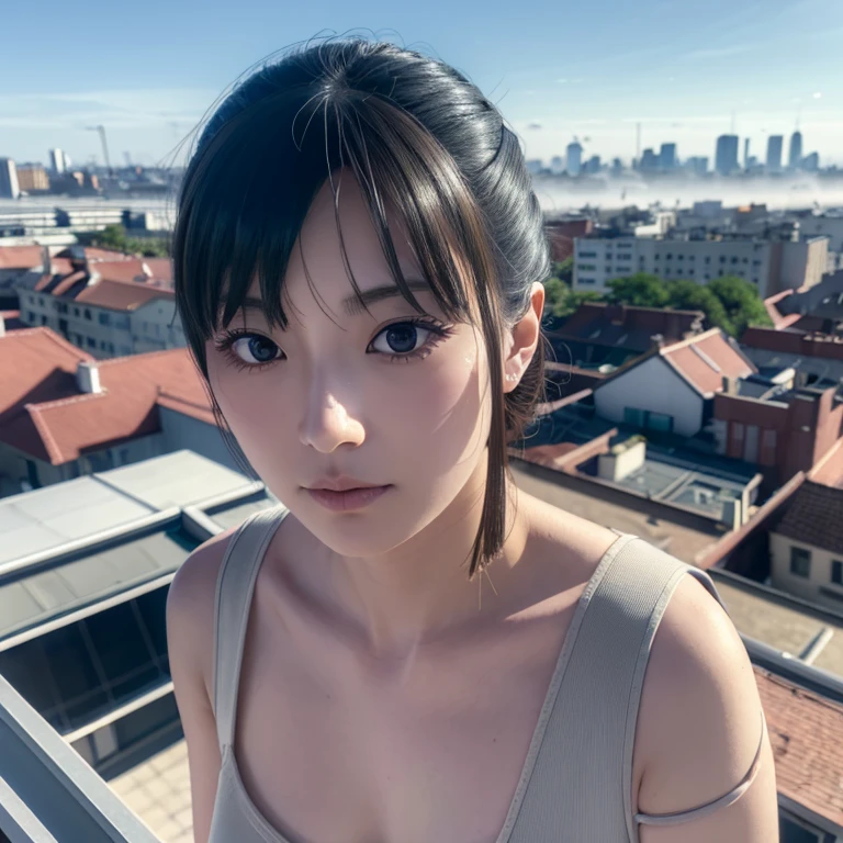 (One girl:1.3), alone, (((Very Detailed face)))), ((Very detailedな目と顔)))), beautifulディテールの目, Body parts__, Official Art, Unified 8k wallpaper, Very detailed, beautiful and beautiful, beautiful, masterpiece, 最high quality, original, masterpiece, Ultra HD Photos, 最high quality, Ultra-high resolution, Realistic realism, sunlight, Full body portrait, Amazing beauty, Dynamic pose, Delicate face, Vivid eyes, (from the front), Very detailedな都市の屋根の背景, rooftop, Overlooking the city, Detailed face, Detailed, intricate and busy background, Messy, nice, milky, Very detailedな肌, Realistic skin detail, Pores are visible, Clear focus, Volumetric Fog, 8K Ultra HD, Digital SLR, high quality, Film Grain, Fair skin, Photographic realism, Lomography, Future dystopian megalopolis, translucent