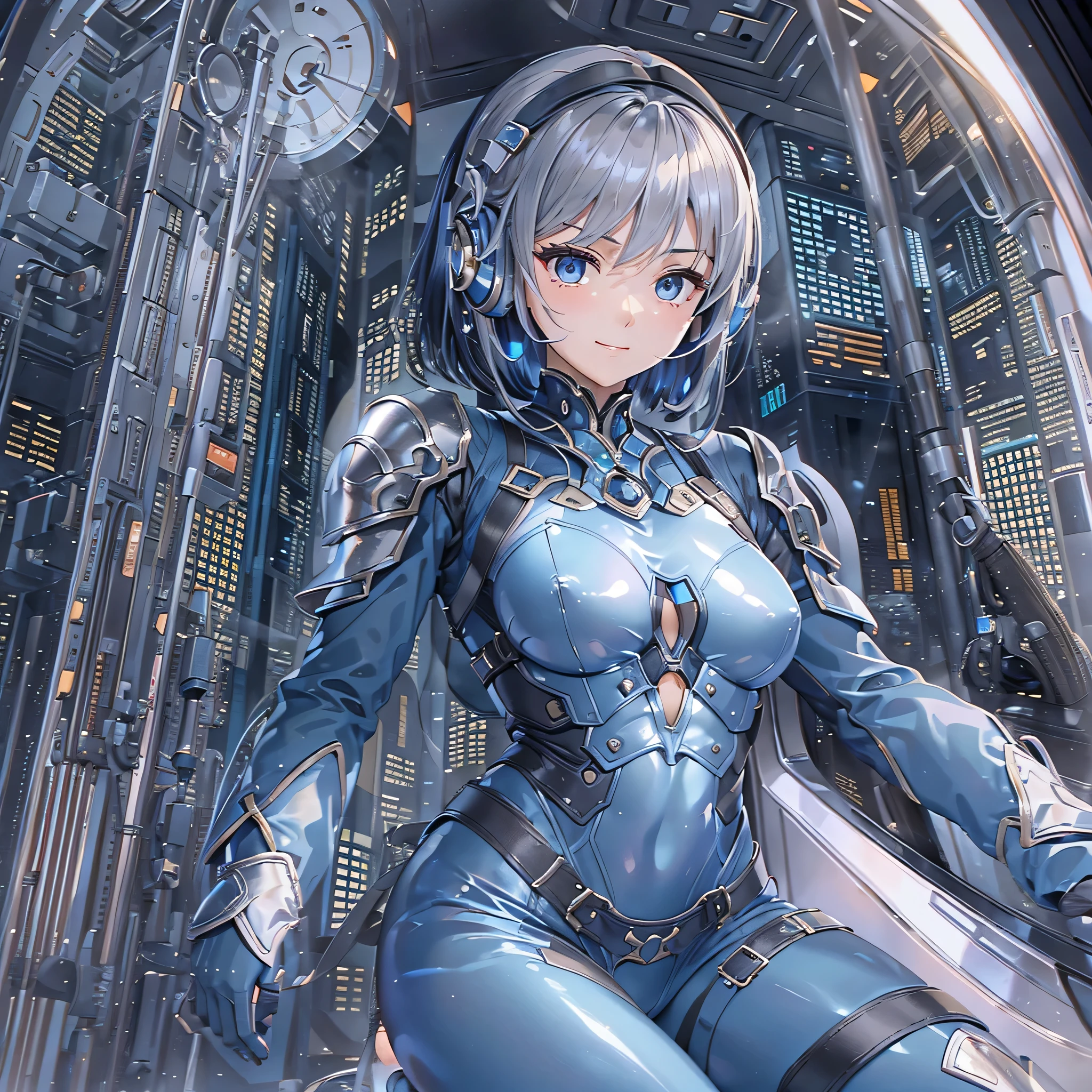 (masterpiece、highest quality、Highest Resolution、Clear_image、Detailed details、Angle from above): (Whole body、One 20 year old girl、Japanese Faces、Small Face、Slender、Navy blue super short bob cut hair、(Hidden small breasts:1.3)、Sparkling blue eyes、Shiny pilot suit in blue and black colors、Chest protection armor、Tight fitting clothes、Clothing that covers the whole body、Glamorous clothes、Tight Fit Pants、Hide your skin、Very delicate and beautiful、Detailed Skin、hide thighs、Hide your ass、Cute、A gentle smile、Soft expression、heroine、headset、Knee-high boots、Elbow-length gloves、Eye Level Shot、Face directly、Woman on a spaceship)